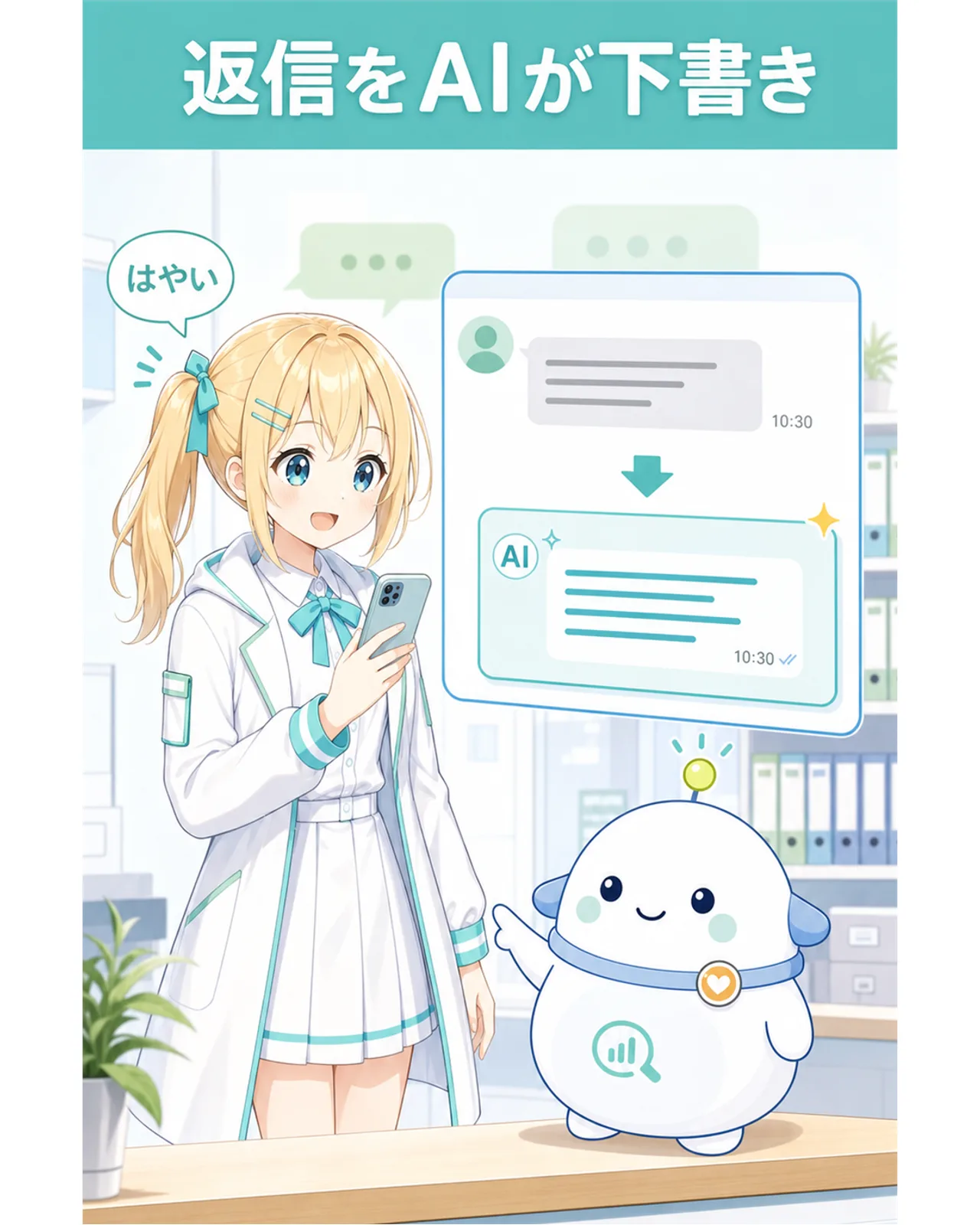 「返信をAIが下書き」の図解。スマホのトーク画面にAIの下書き候補が浮かび、ひまりが『はやい』と笑顔になる構図。らぼまるが横で示す