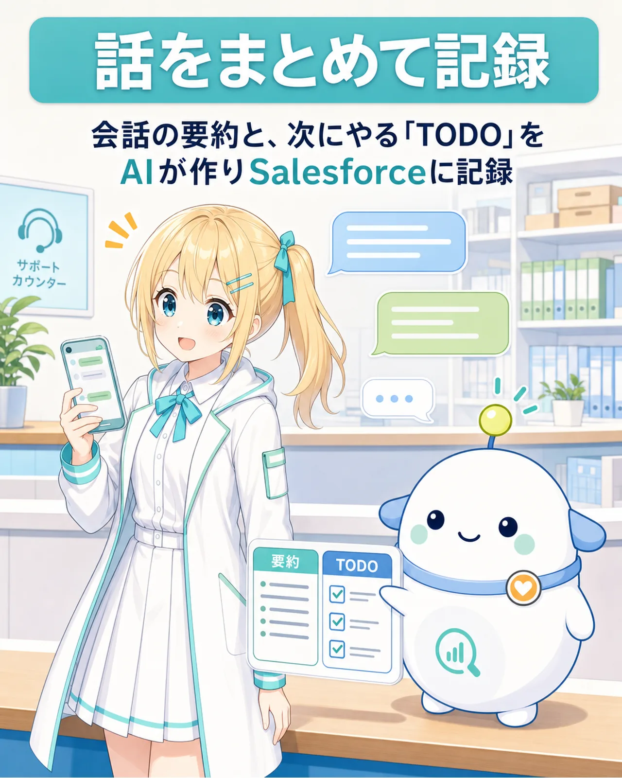 「話をまとめて記録」の図解。会話の要約と次にやるTODOをAIが作りSalesforceに記録する様子。らぼまるが要約カードとチェックリストを片手で示す構図