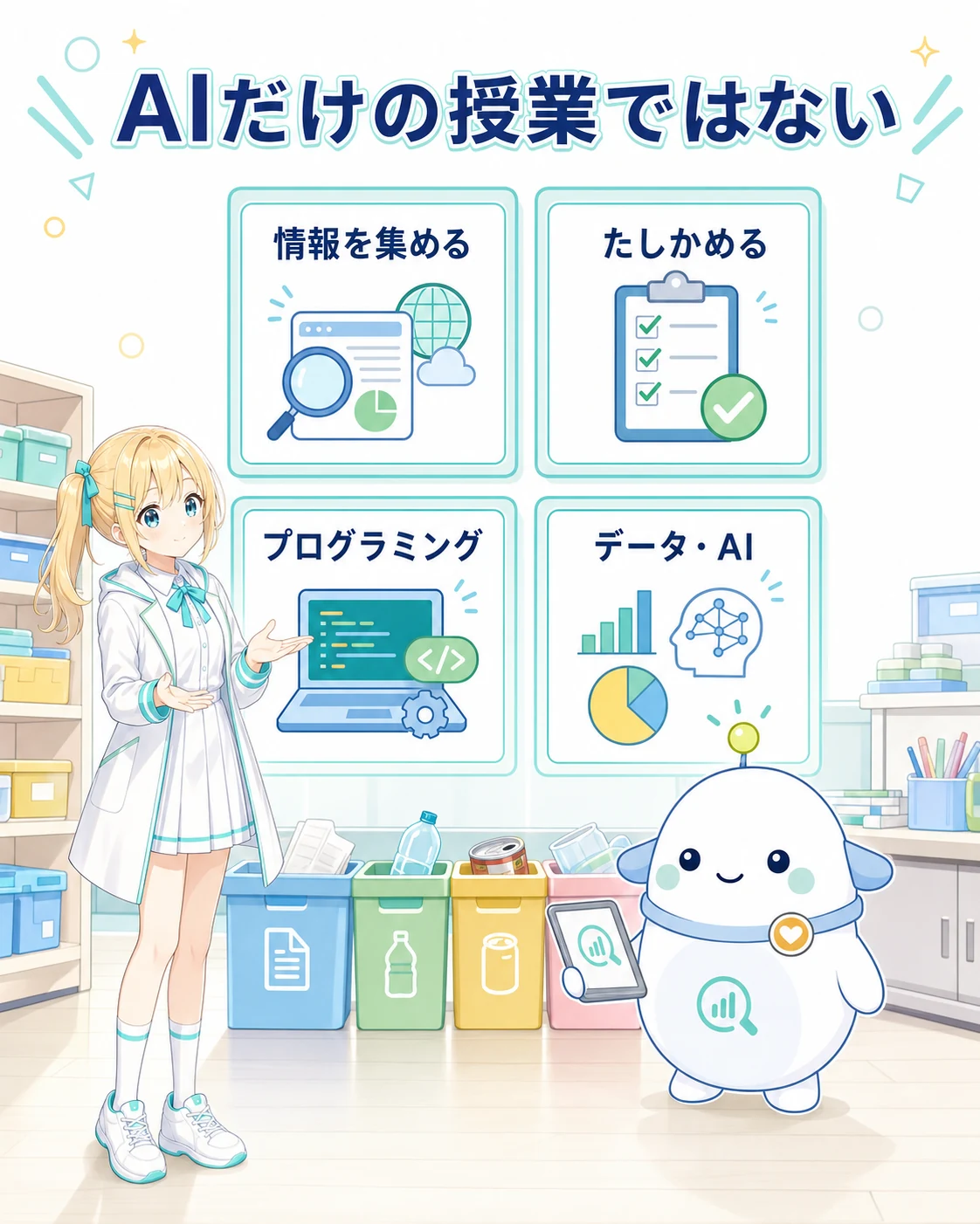 AIだけの授業ではなく、情報を集める、確かめる、プログラミング、データとAIを扱う情報教育全体という図解