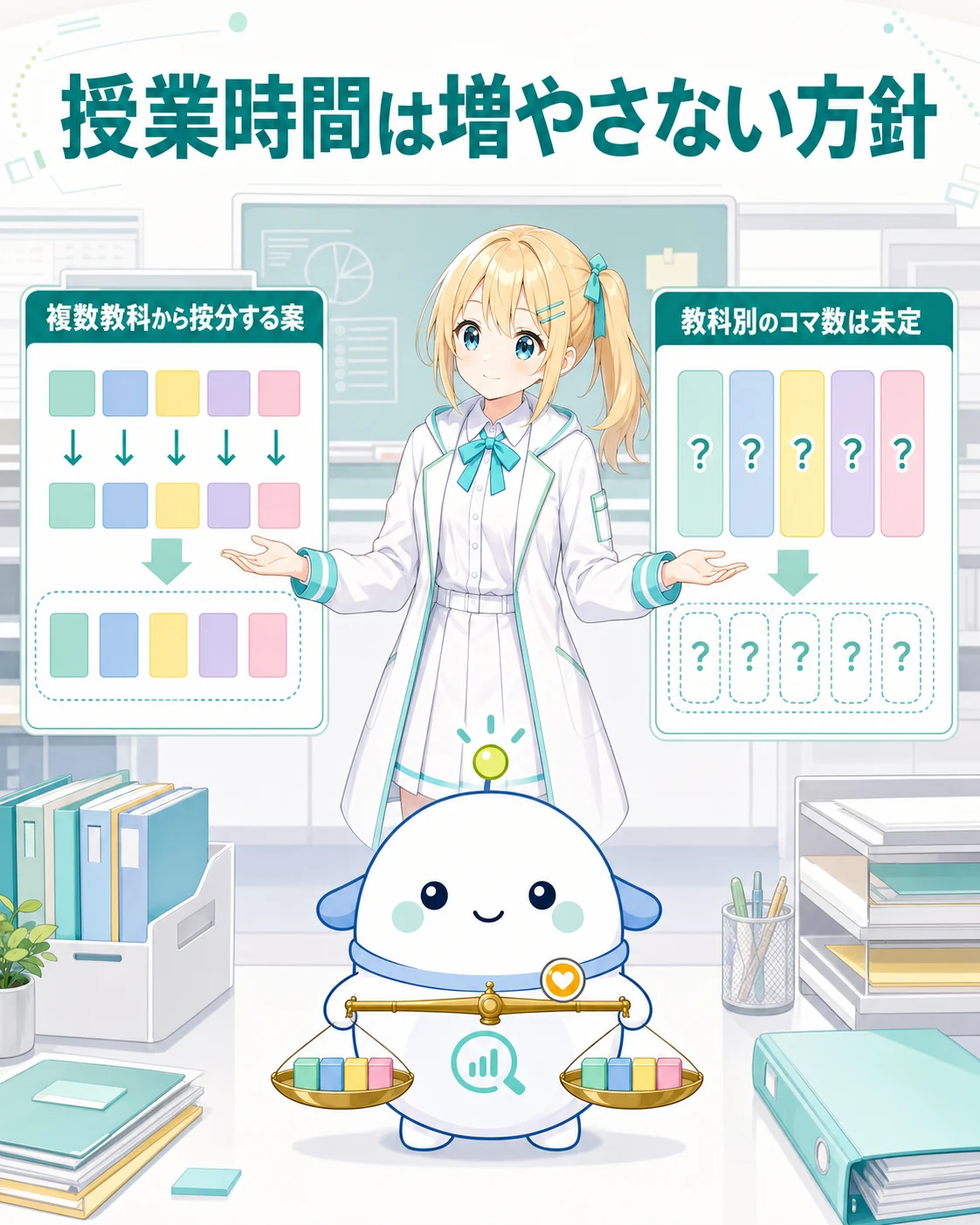 授業時間は増やさず複数教科から按分する案だが、教科別の具体的コマ数は未定という図解