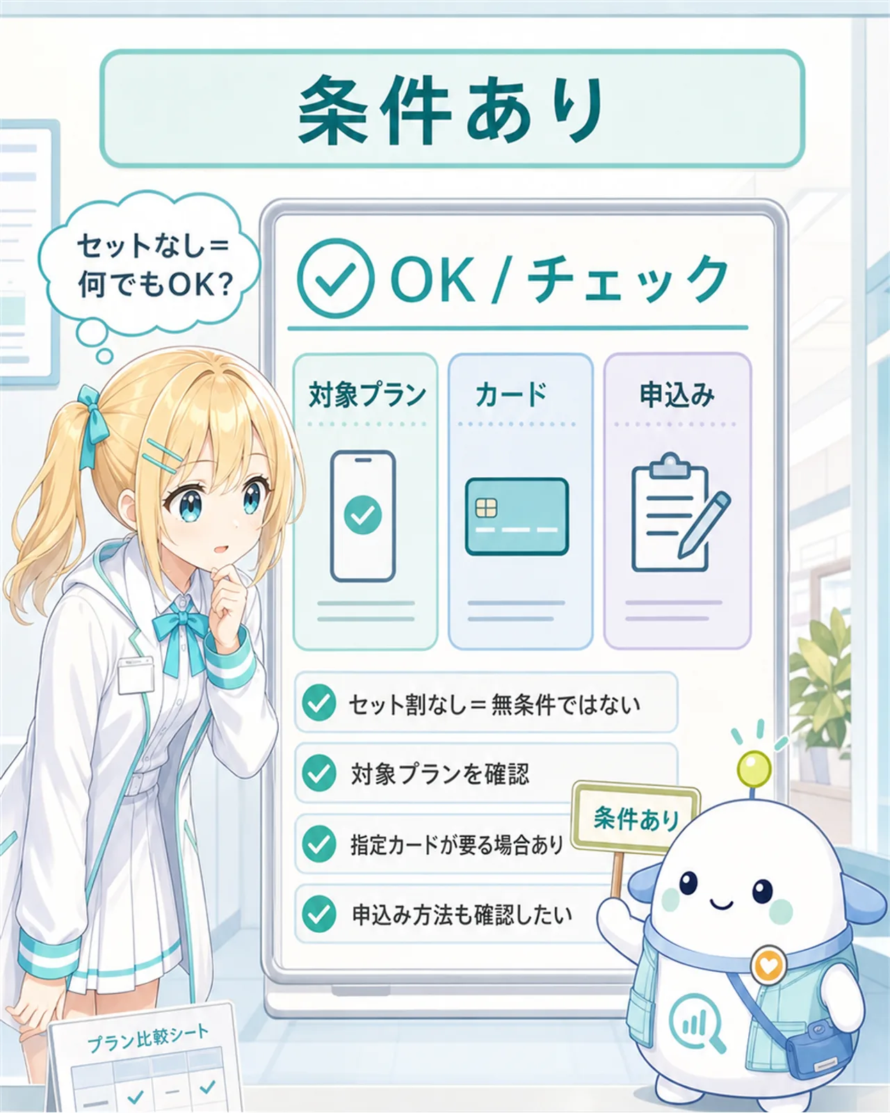 「条件あり」の図解。OK/チェックの仕分けボードに、対象プラン・カード・申込みの3枠を置き、セット割なし=無条件ではない、対象プランを確認、指定カードが要る場合あり、申込み方法も確認したい、を整理。ひまりが『セットなし=何でもOK?』と考え、らぼまるが『条件あり』と案内する構図