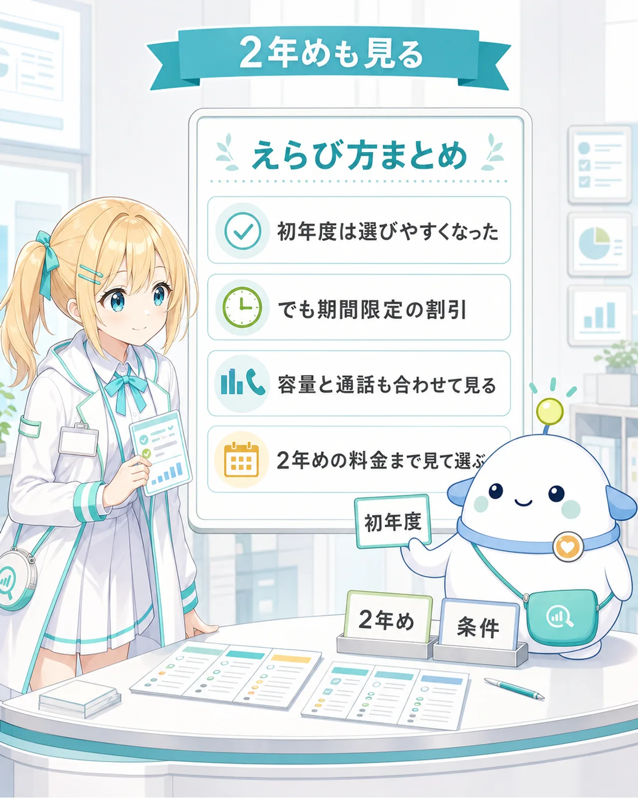 「2年めも見る」のまとめ図解。えらび方まとめボードに、初年度は選びやすくなった、でも期間限定の割引、容量と通話も合わせて見る、2年めの料金まで見て選ぶ、を整理。ひまりが納得してうなずき、らぼまるが『初年度』『2年め』『条件』の3札を整理する構図