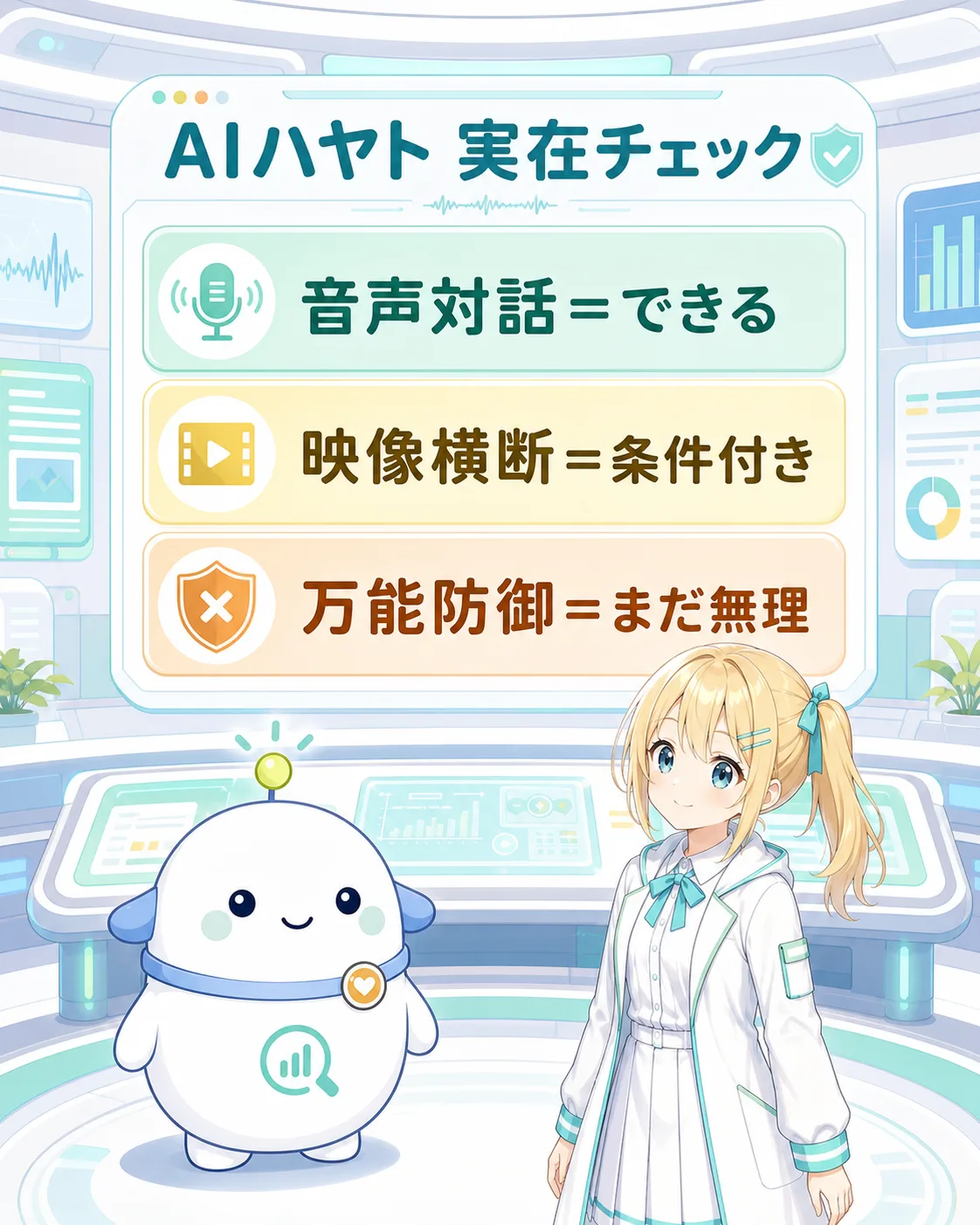 AIハヤトの能力を、音声対話はできる、映像横断と確率判断は条件付き、万能な自律防御はまだフィクションと3段階で判定した図解