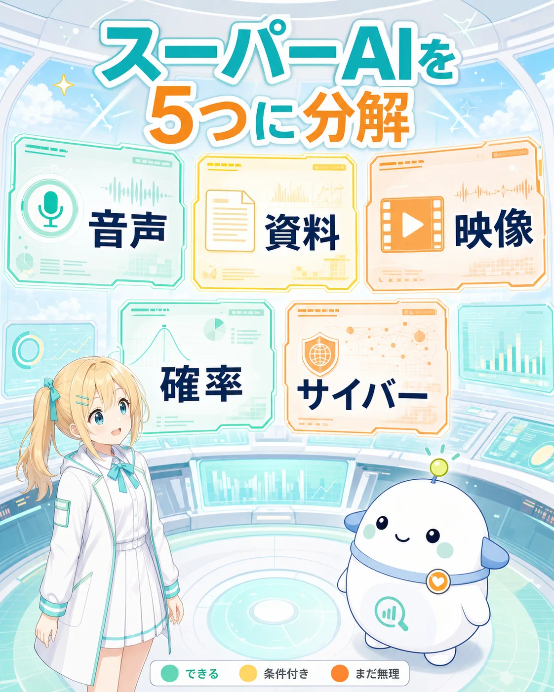 音声対話、資料検索、映像解析、確率判断、サイバー防御というAIハヤトの5能力を分解した図解