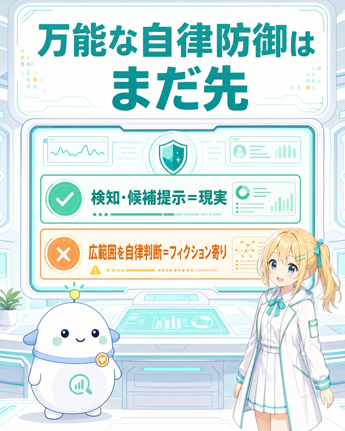 不審検知や対応候補の提示は現実、広範囲を自律判断して守る万能AIはまだフィクション寄りと示す図解