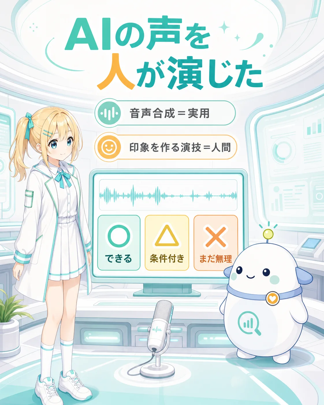AI音声合成は実用段階だが、AIハヤトの印象を作る声は人間の声優が演じたという番外判定の図解