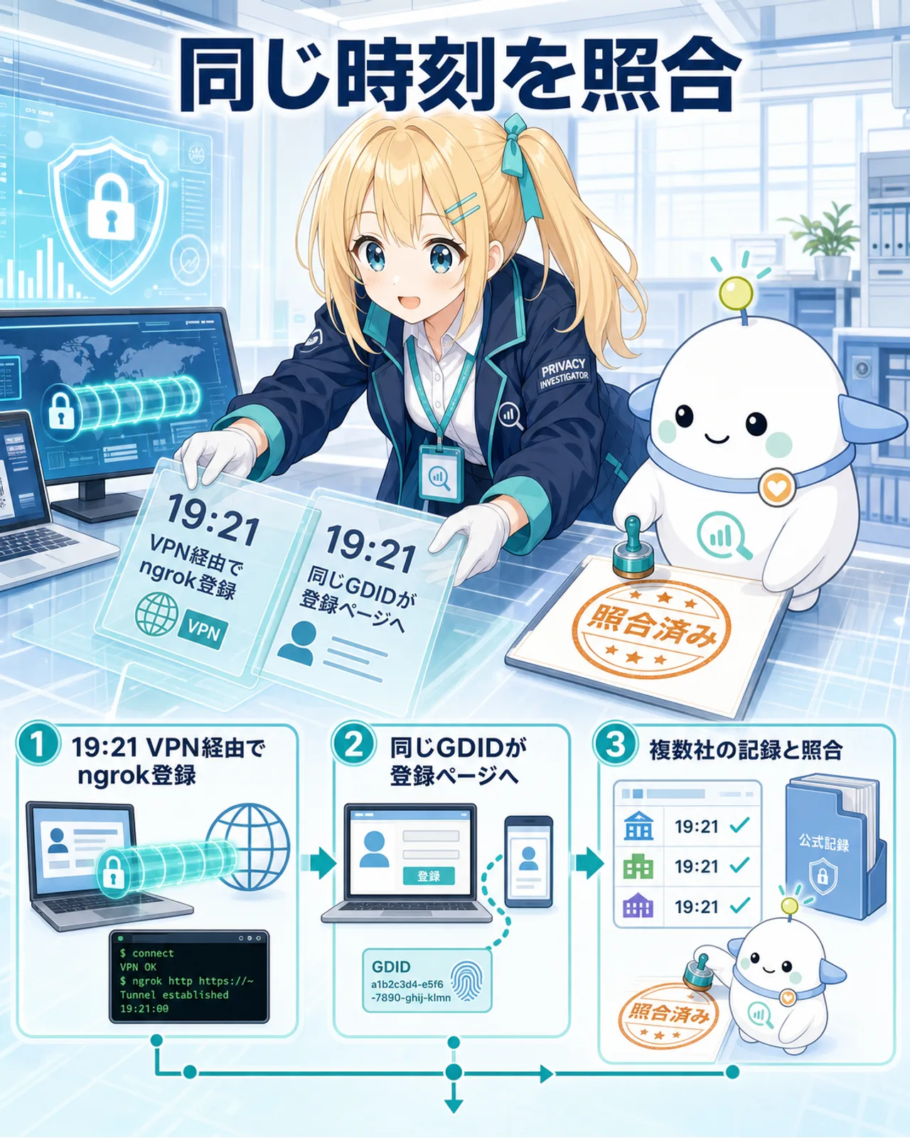 FBI資料で分かった流れの図解。VPN経由でngrokアカウント作成、同時刻にMicrosoft記録のGDID端末が登録ページへアクセス、複数社の記録と照合した流れ