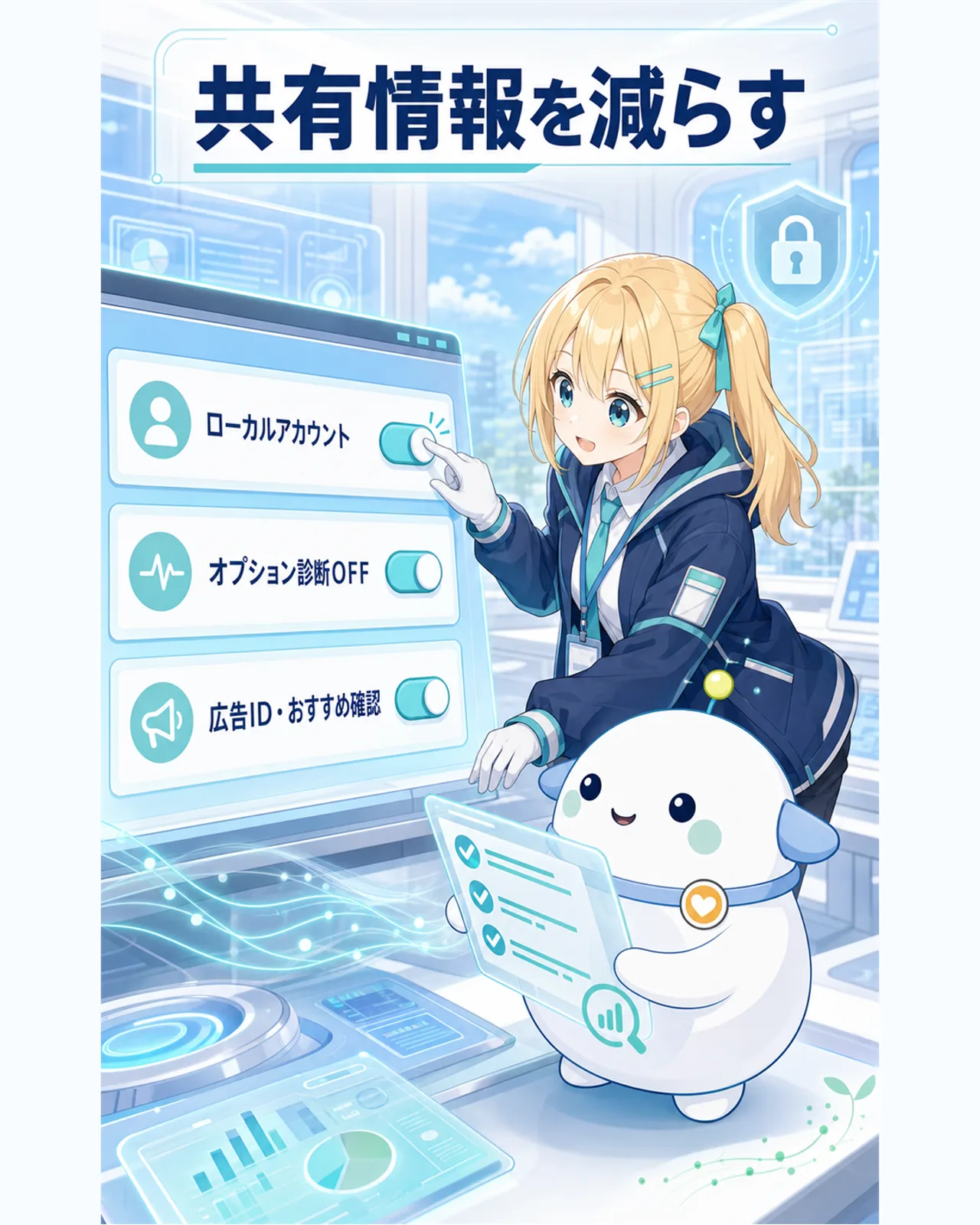 紐づく情報を減らす3設定の図解。ローカルアカウントを検討、オプション診断データをオフ、広告IDとおすすめ設定を見直す