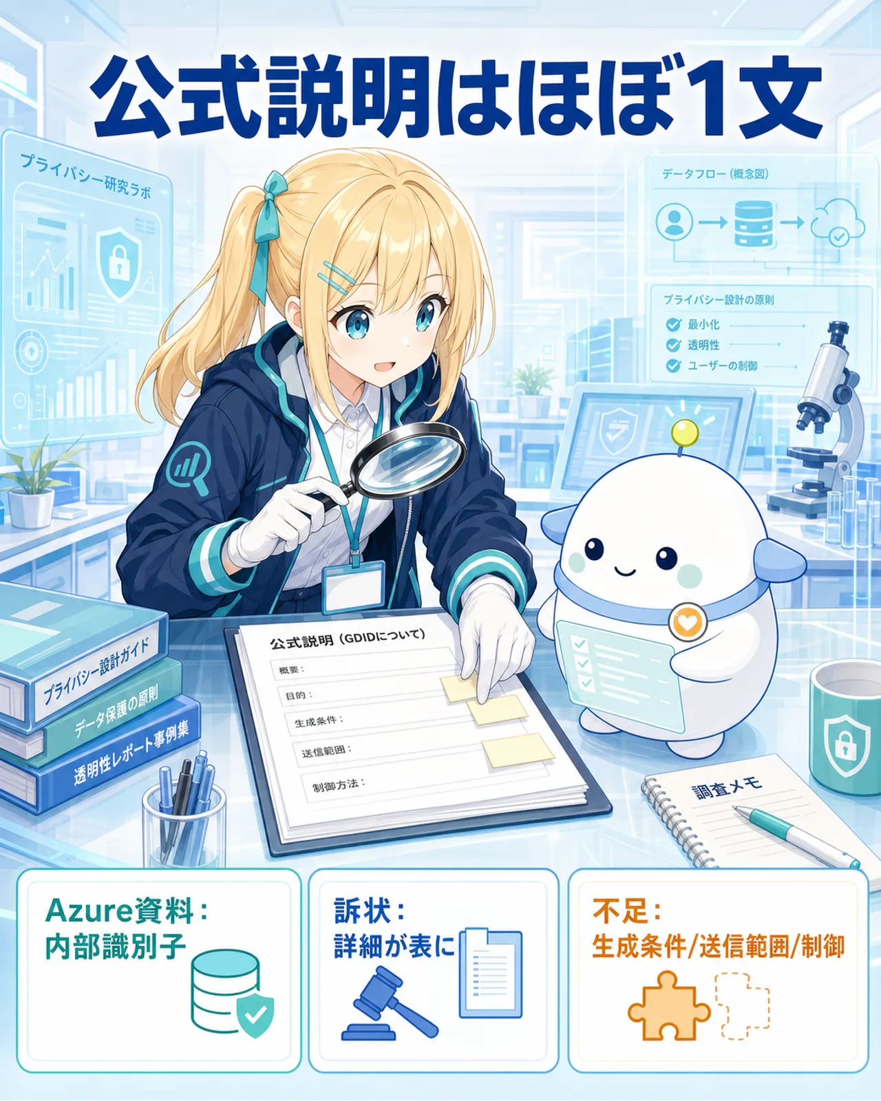 Microsoftの説明不足を示す図解。公式Azure資料は内部識別子の1文、訴状には詳細説明、一般向けには生成条件や送信範囲の説明が不足