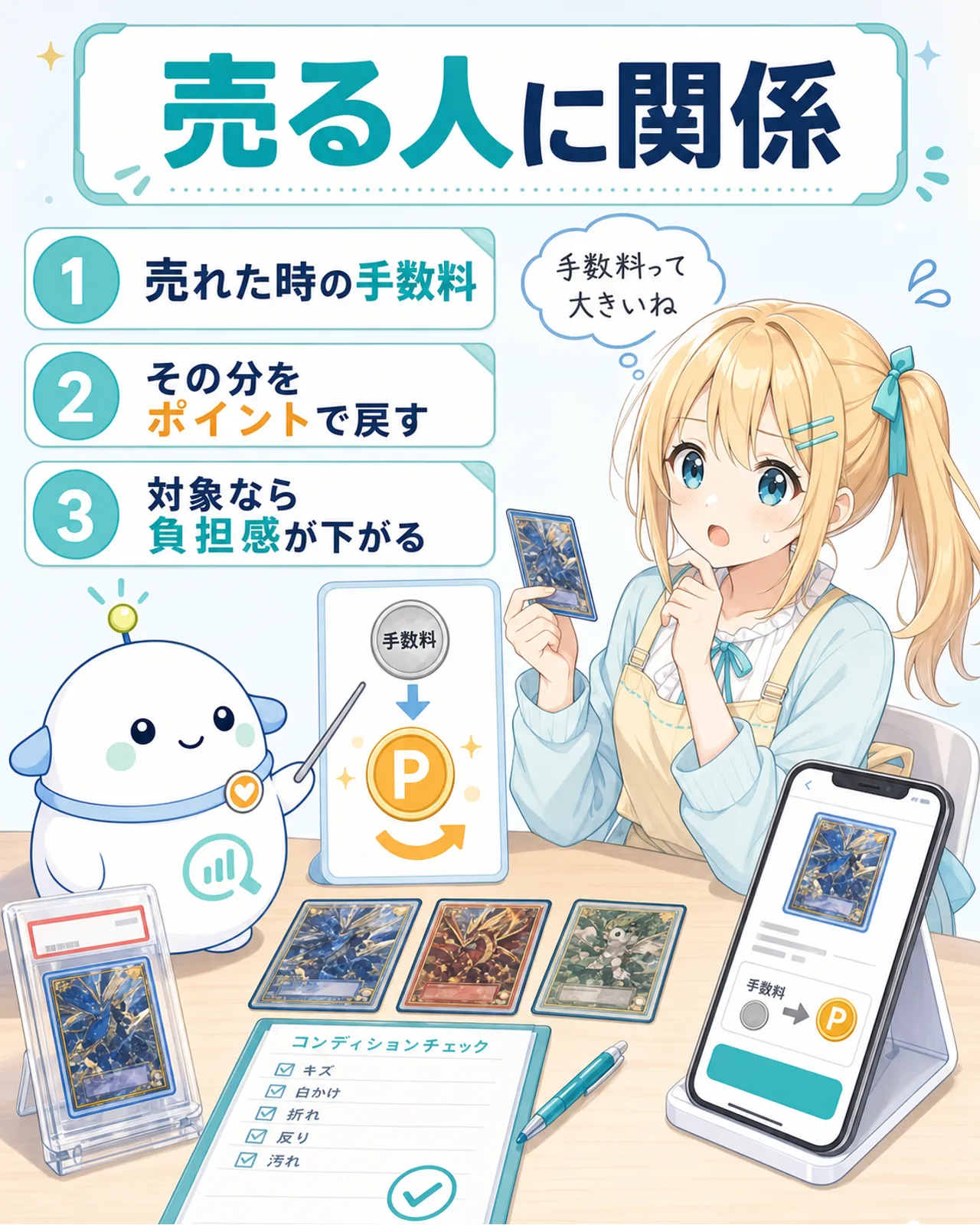 「売る人に関係」の図解。①売れた時の手数料、②その分をポイントで戻す、③対象なら負担感が下がる、の3点を整理。手数料がポイントに戻る矢印図やコンディションチェックのイメージを添え、ひまりが『手数料って大きいね』と実感し、らぼまるが戻る流れを示す構図