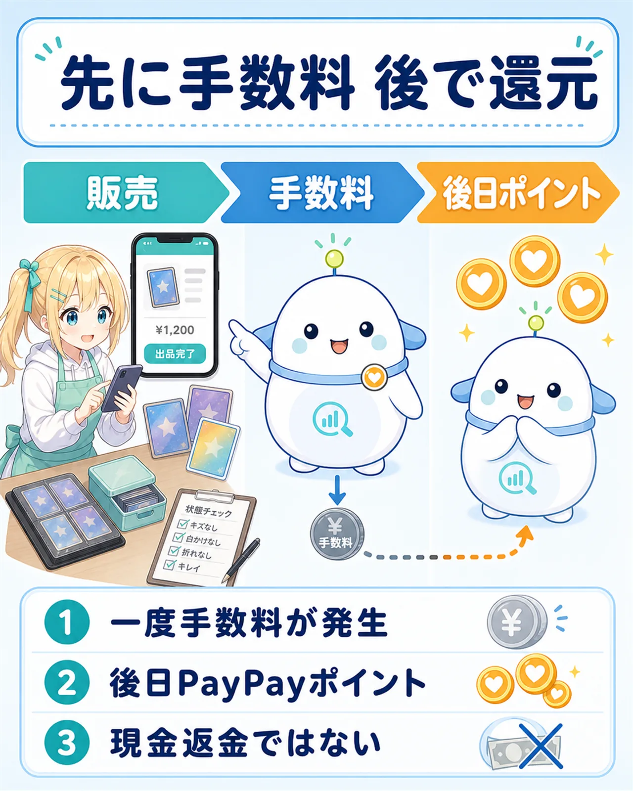 「先に手数料 後で還元」の図解。販売→手数料→後日ポイントの流れを矢印で示し、①一度手数料が発生、②後日PayPayポイント、③現金返金ではない、の3点を整理。らぼまるが主役で流れを説明する構図