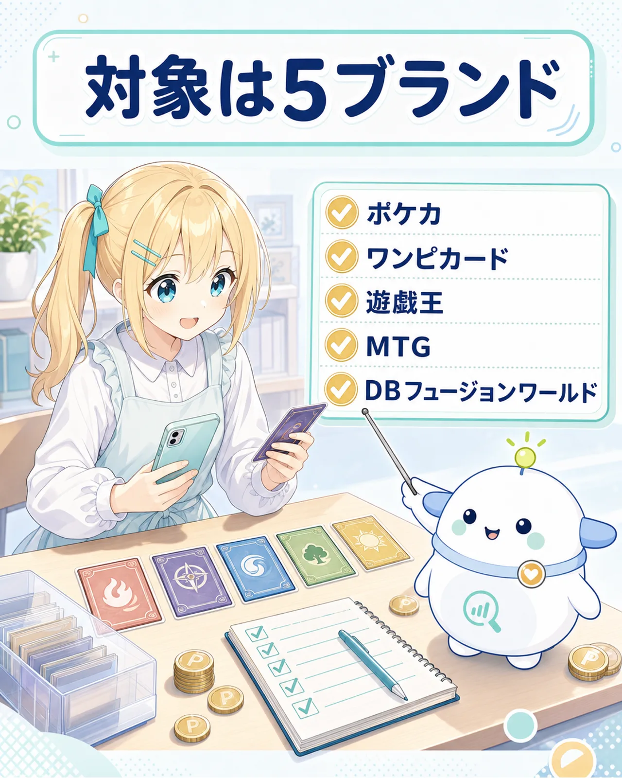 「対象は5ブランド」の図解。ポケカ、ワンピカード、遊戯王、MTG、DBフュージョンワールドの5つをチェックリストで整理。実在ロゴは使わず文字ラベルと汎用カードで表現し、ひまりが5枚のカードを確認、らぼまるが指し示す構図