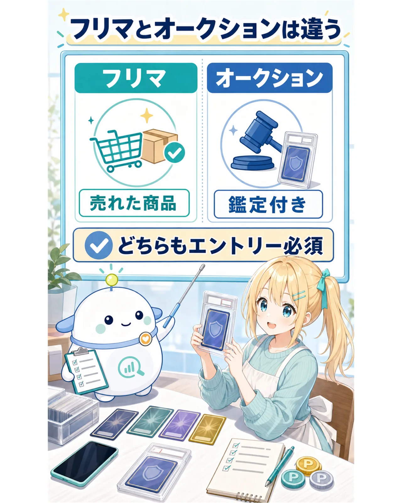 「フリマとオークションは違う」の比較図解。フリマは『売れた商品』が対象、オークションは『鑑定付き』が条件、どちらも『エントリー必須』と整理。らぼまるが比較表を指し、ひまりが鑑定ケースを持つ構図