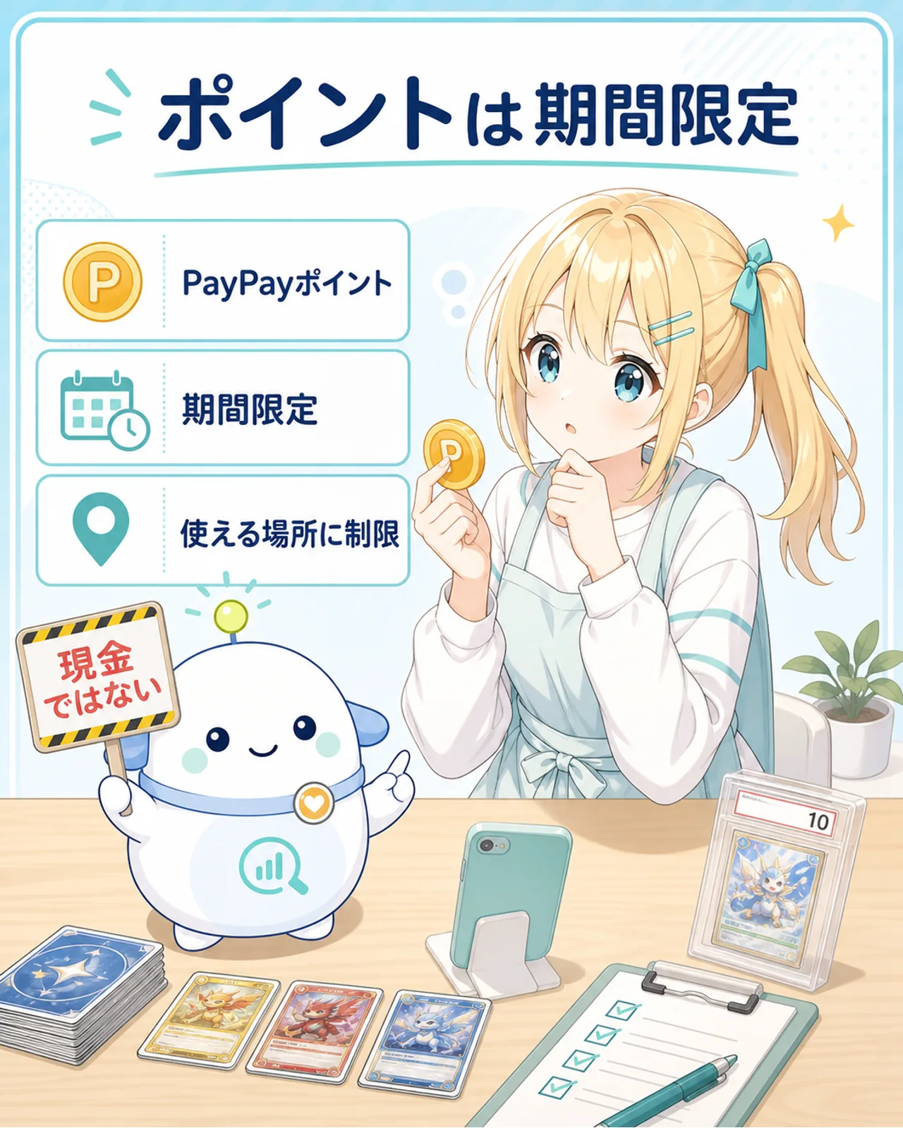 「ポイントは期間限定」の図解。PayPayポイント、期間限定、使える場所に制限、の3点を整理し、『現金ではない』という注意札を添える。ひまりがコインを見て考え、らぼまるが注意を促す構図