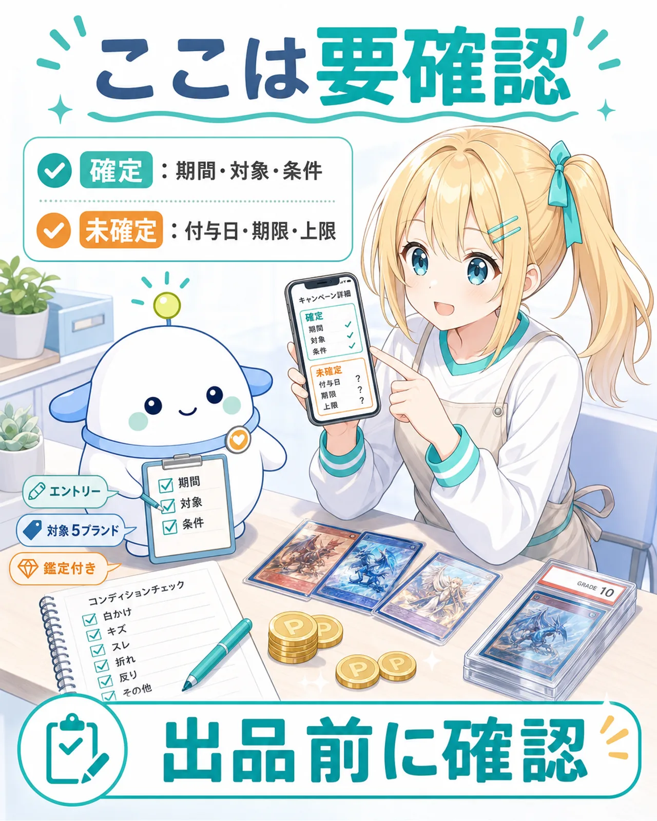 「ここは要確認」のまとめ図解。確定は『期間・対象・条件』、未確定は『付与日・期限・上限』と仕分けし、『出品前に確認』を促す。らぼまるがチェックリストを持ち、ひまりがスマホで条件ページを確認する構図