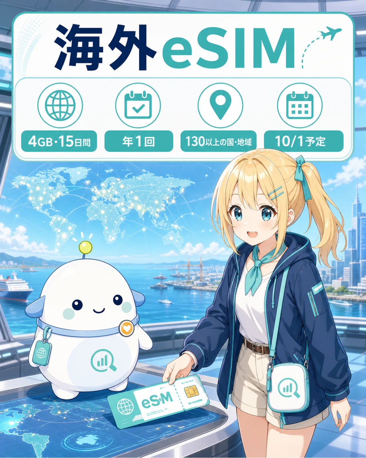 『海外eSIM』『4GB・15日間』『年1回』『130以上の国・地域』『10/1予定』と表示した図解