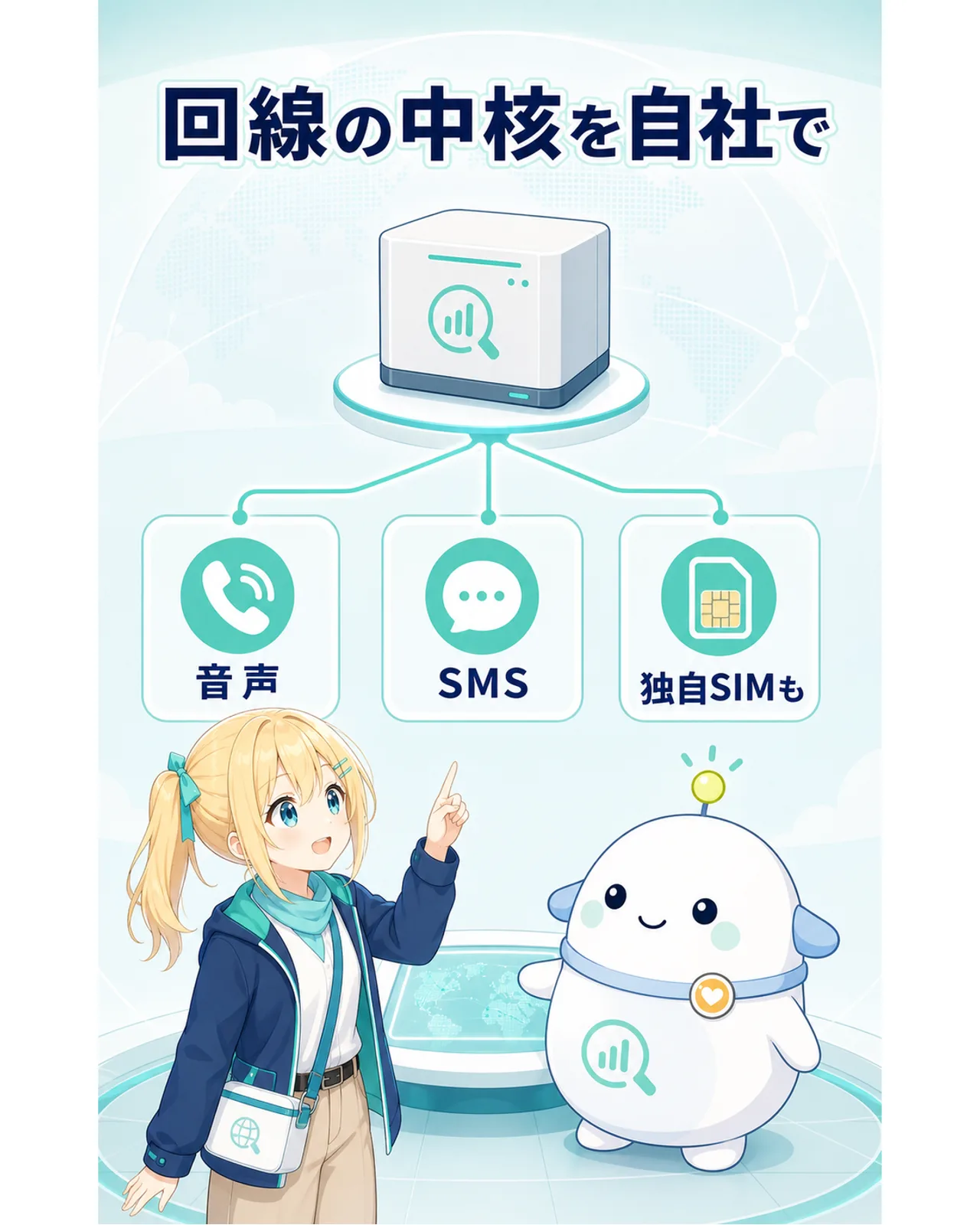 『回線の中核を自社で』『音声』『SMS』『独自SIMも』と表示した音声フルMVNOの図解