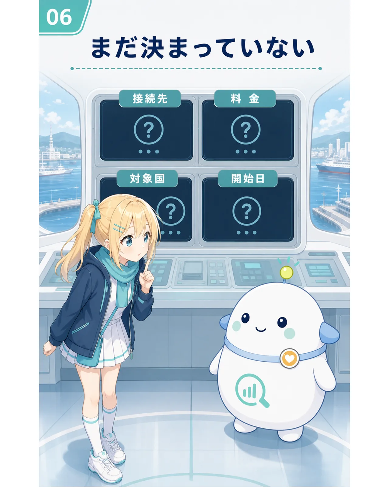 『まだ決まっていない』『接続先』『料金』『対象国』『開始日』と表示した図解