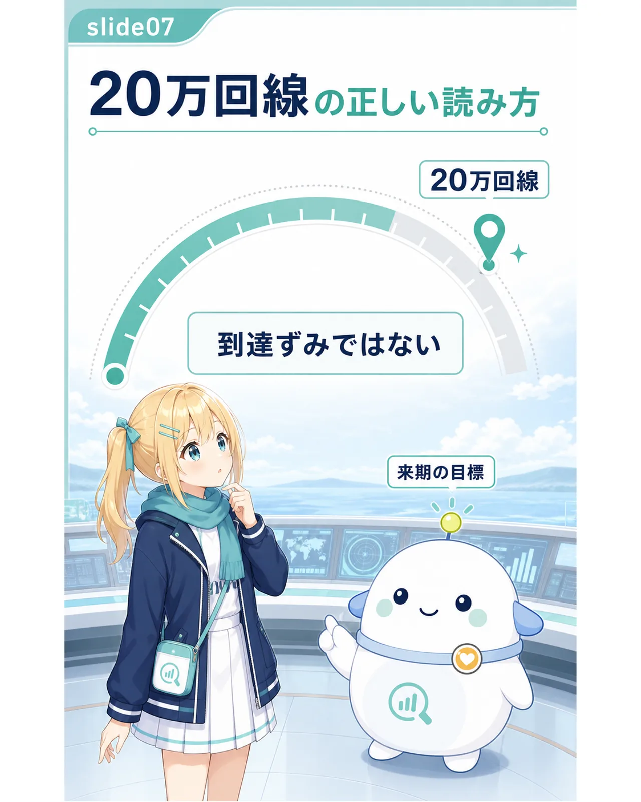 『20万回線の正しい読み方』『到達ずみではない』『来期の目標』と表示した目標ゲージの図解