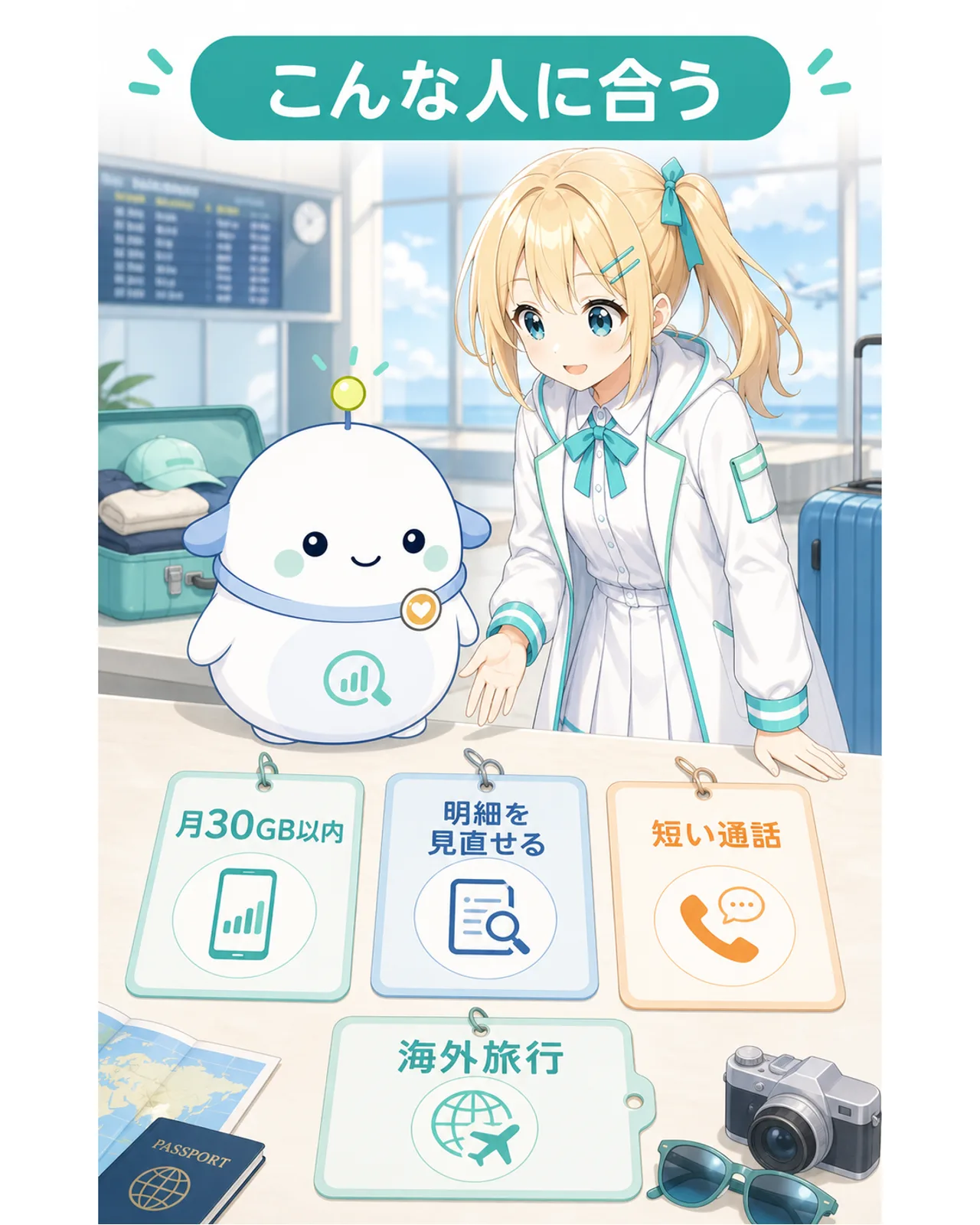 『こんな人に合う』として、『月30GB以内』『明細を見直せる』『短い通話・海外旅行』の3項目を示す図解