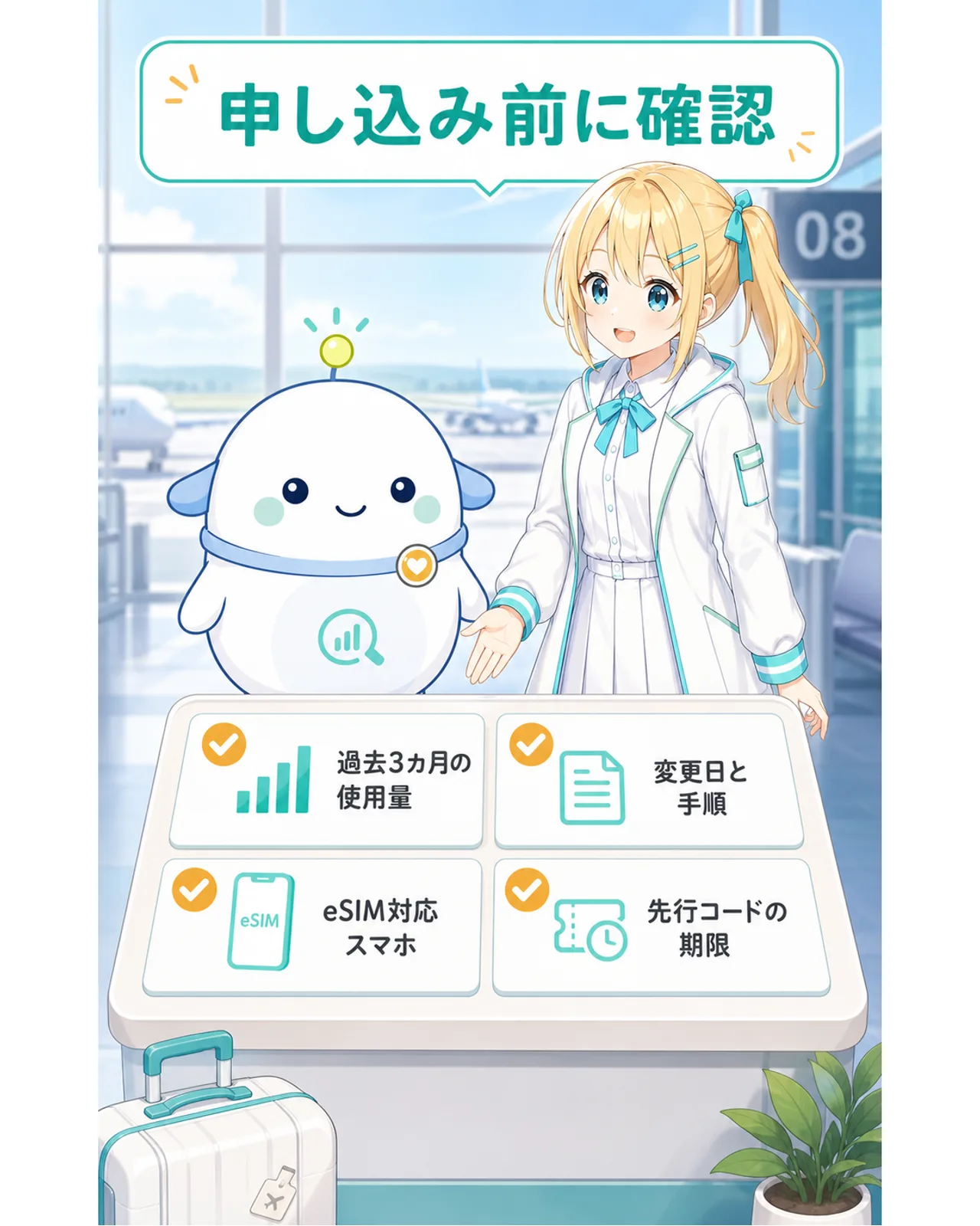 『申し込み前に確認』として、使用量、変更日、eSIM対応、パッケージ条件の4項目を並べた図解