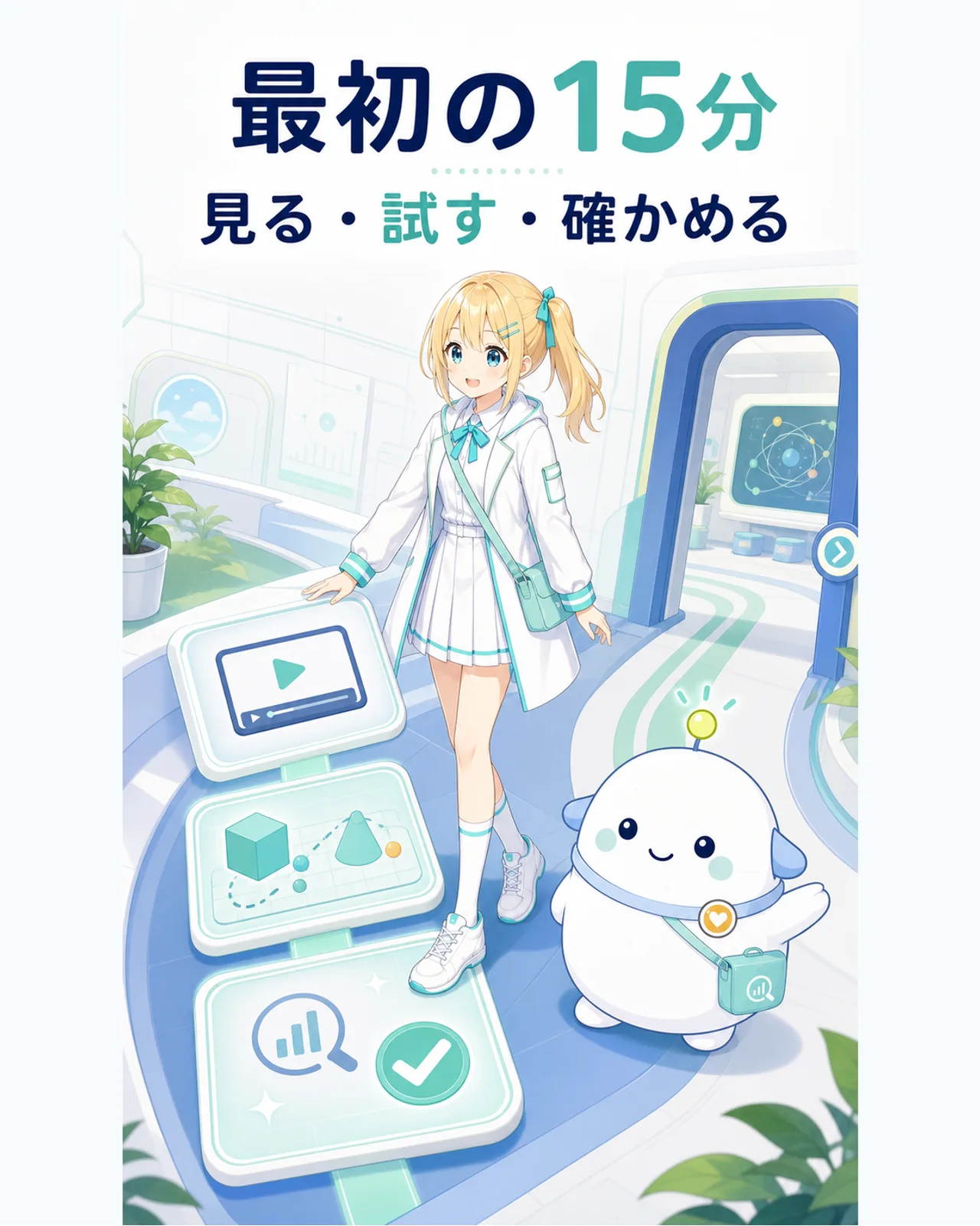 Claude Academyで短い教材を選び、自分の作業で試し、数字や名前を確認して次の学習を決める流れを示す図