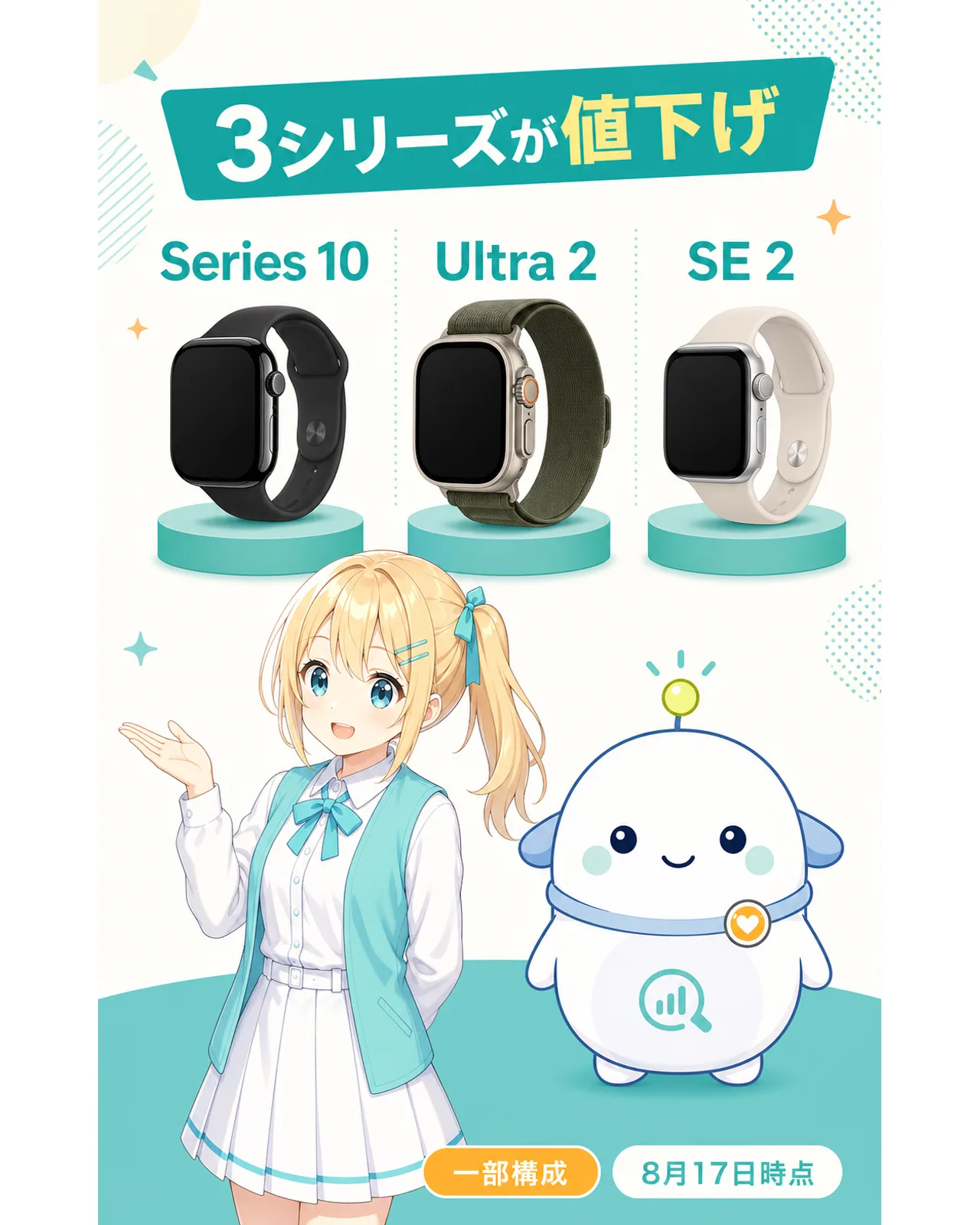 Apple Watch Series 10、Ultra 2、SE 2の一部構成が8月17日時点で値下げされたことを示す図解