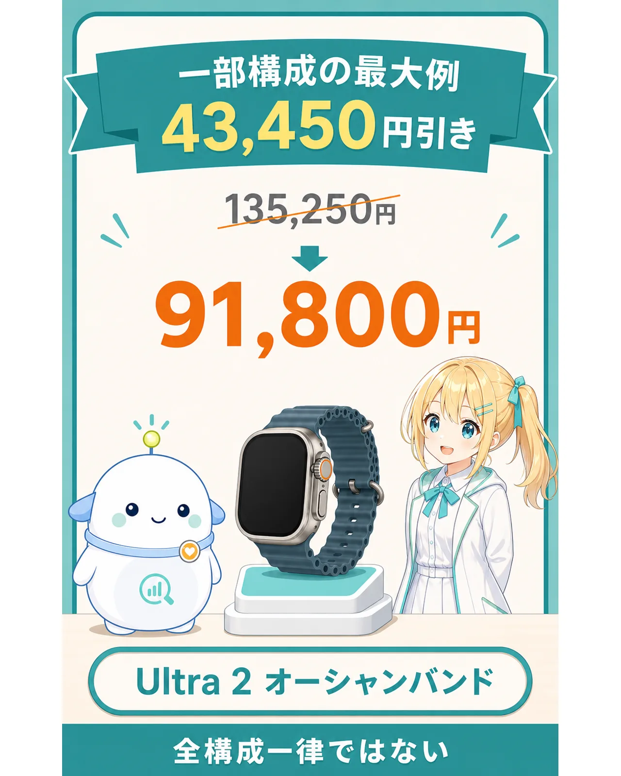 Apple Watch Ultra 2オーシャンバンドが135,250円から91,800円になり、最大43,450円引きと示す図解