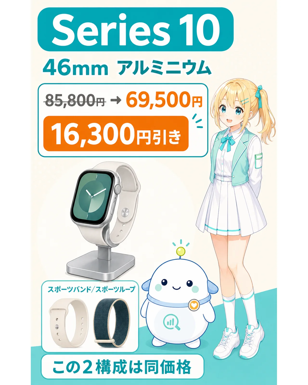 Apple Watch Series 10の46mmアルミニウムが69,500円で、対象のバンド違いも同価格と示す図解