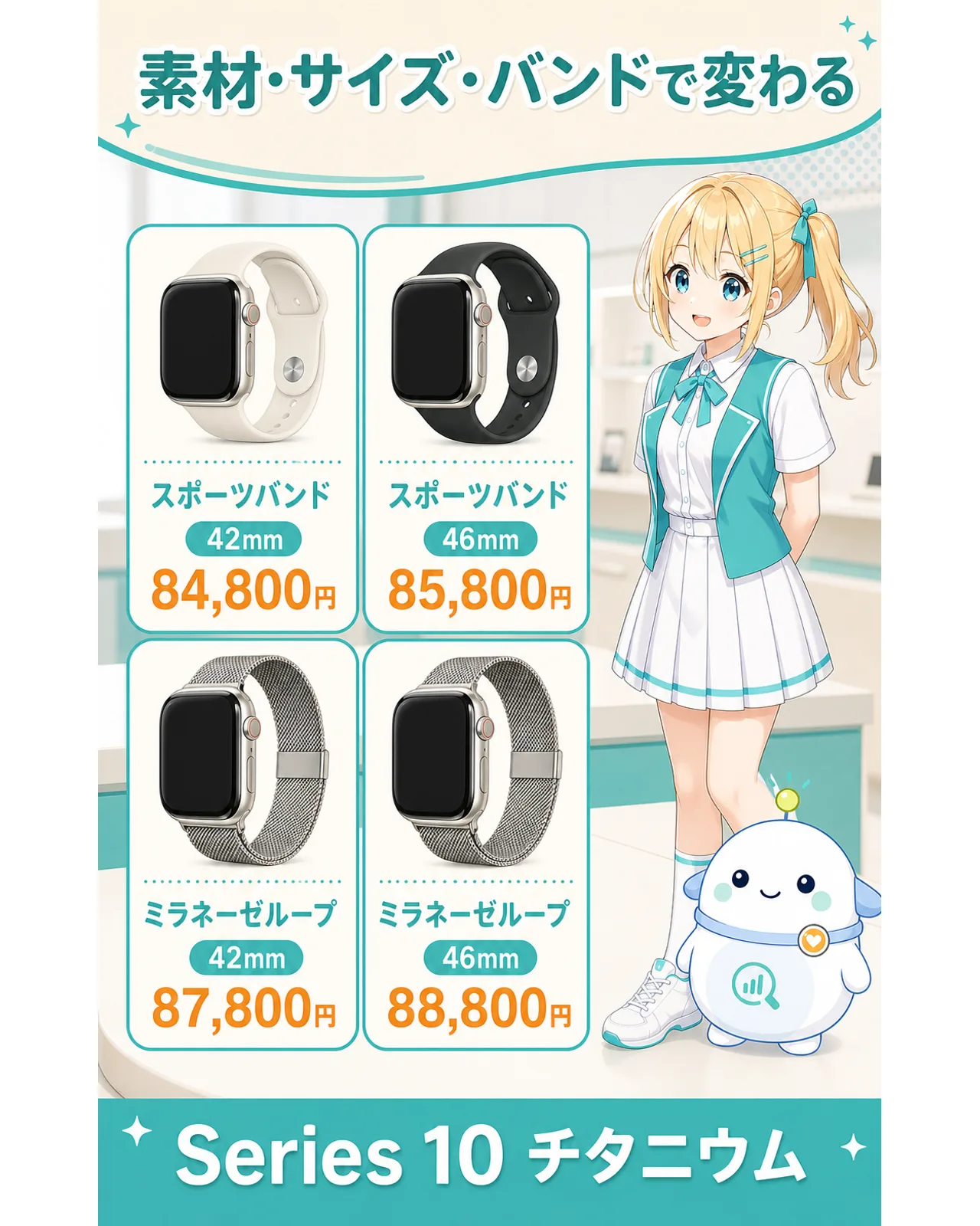 Apple Watch Series 10チタニウムの42mmが84,800円から87,800円、46mmが85,800円から88,800円と示す図解