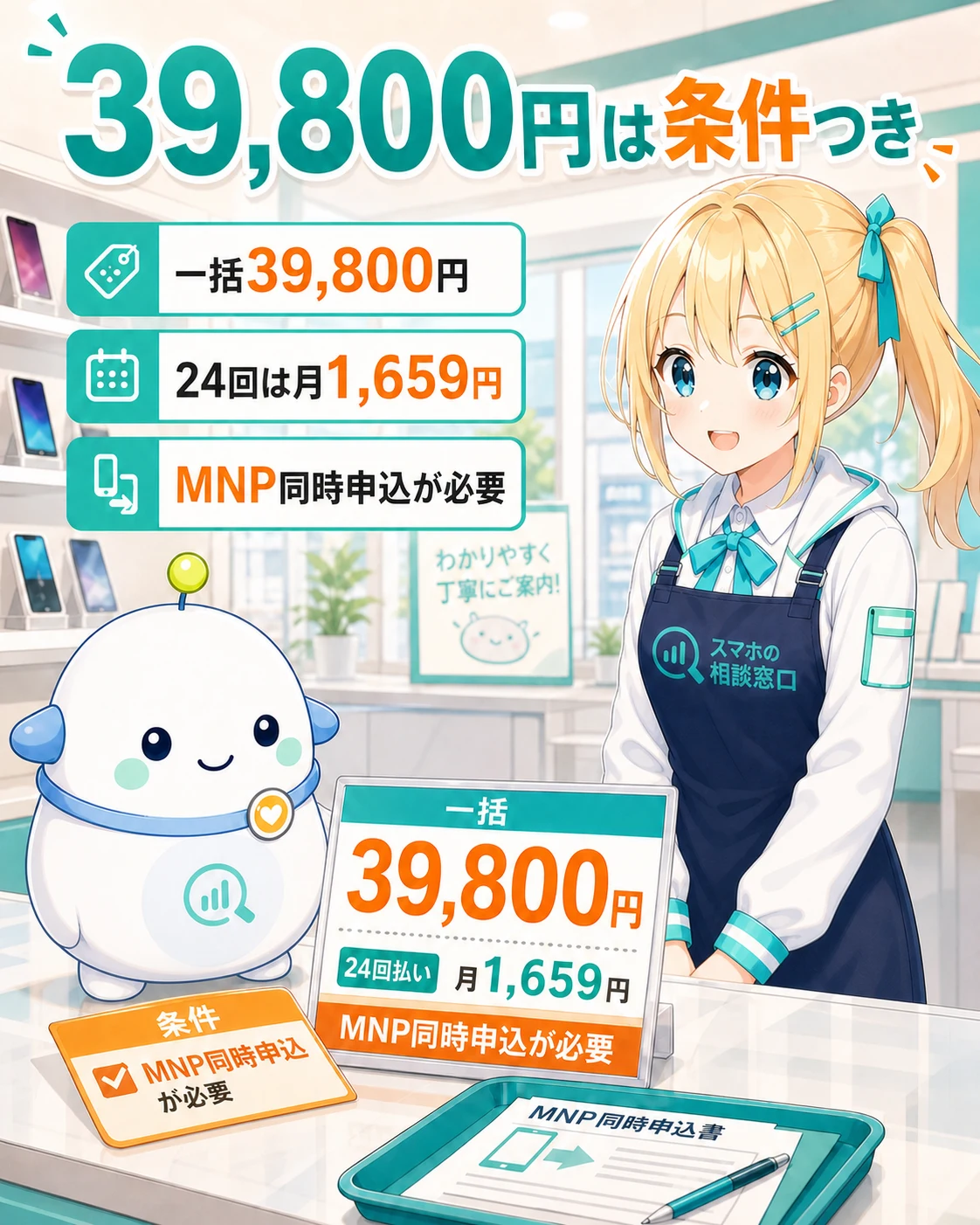 39,800円は条件付きと示す図解。一括39,800円、24回は月1,659円、MNP同時申込が必要と整理