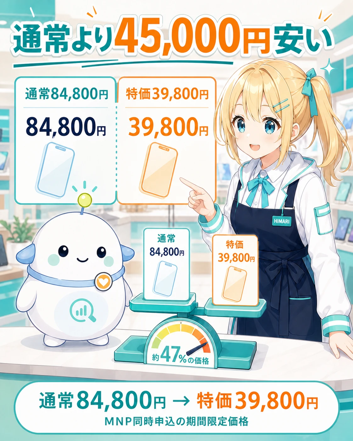 通常より45,000円安いと示す価格比較図。通常84,800円、特価39,800円、約47%の価格と整理
