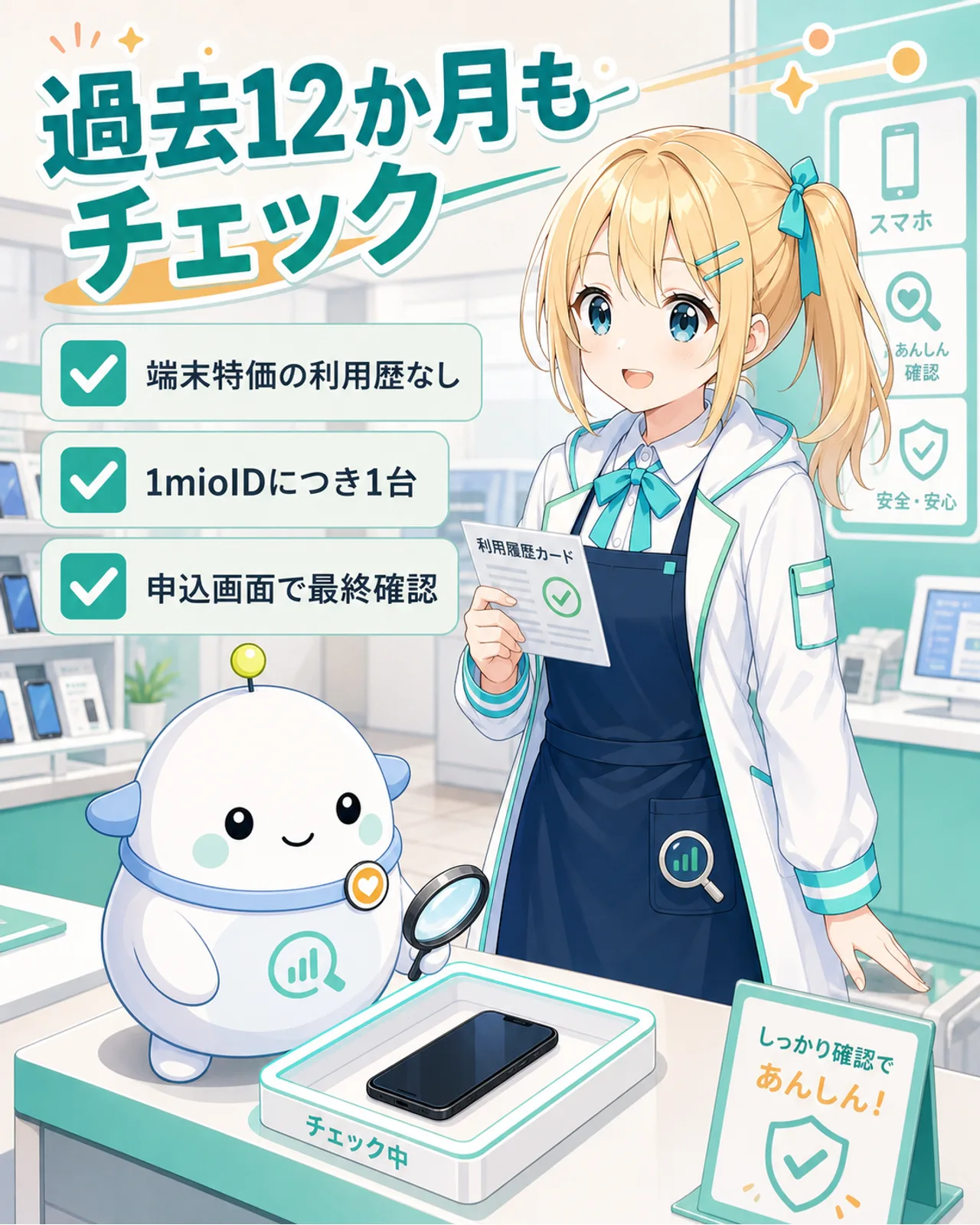 過去12か月もチェックと示す図解。端末特価の利用歴なし、1mioIDにつき1台、申込画面で最終確認を整理
