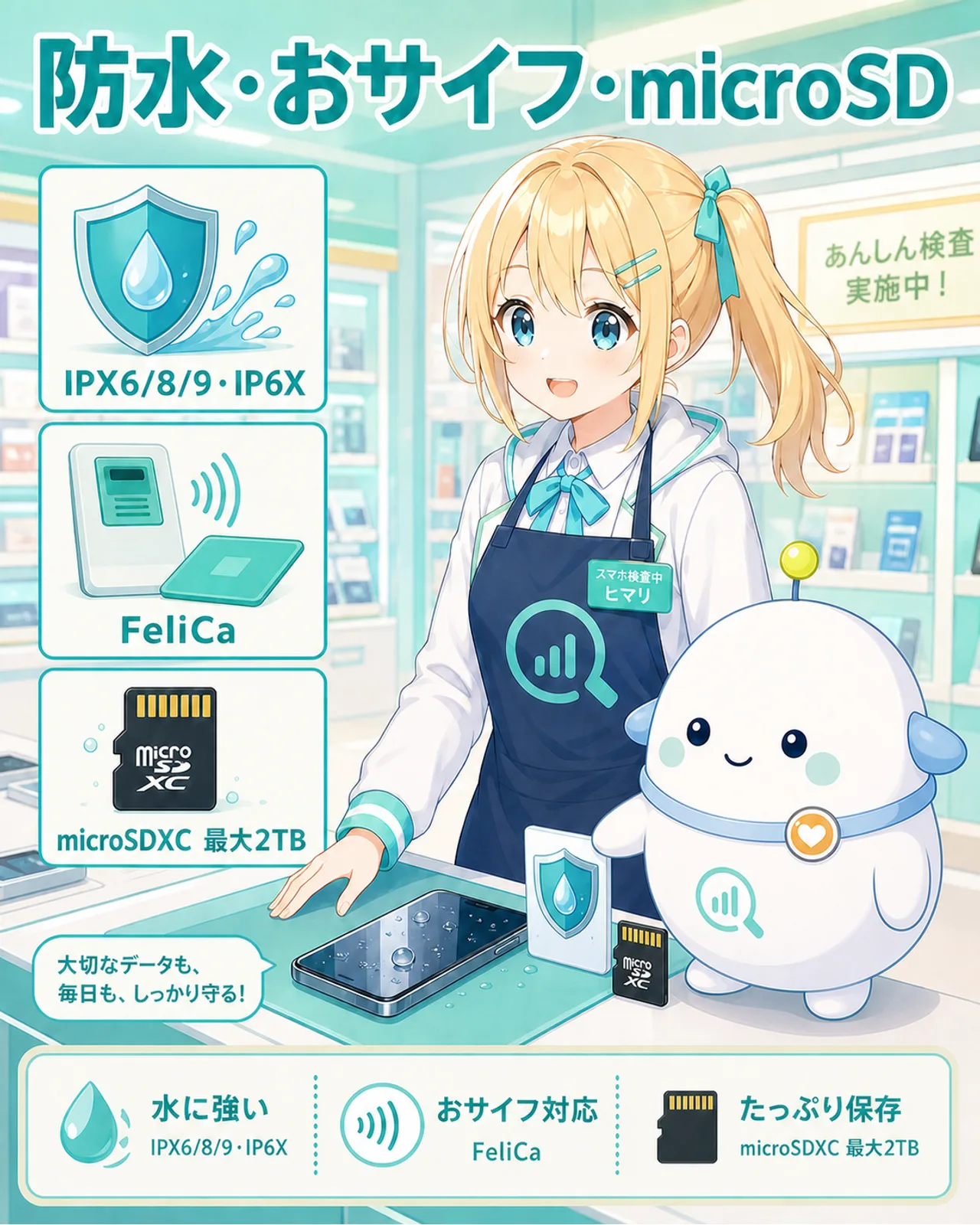 防水、おサイフ、microSDの機能図解。IPX6/8/9とIP6X、FeliCa、microSDXC最大2TBを示す