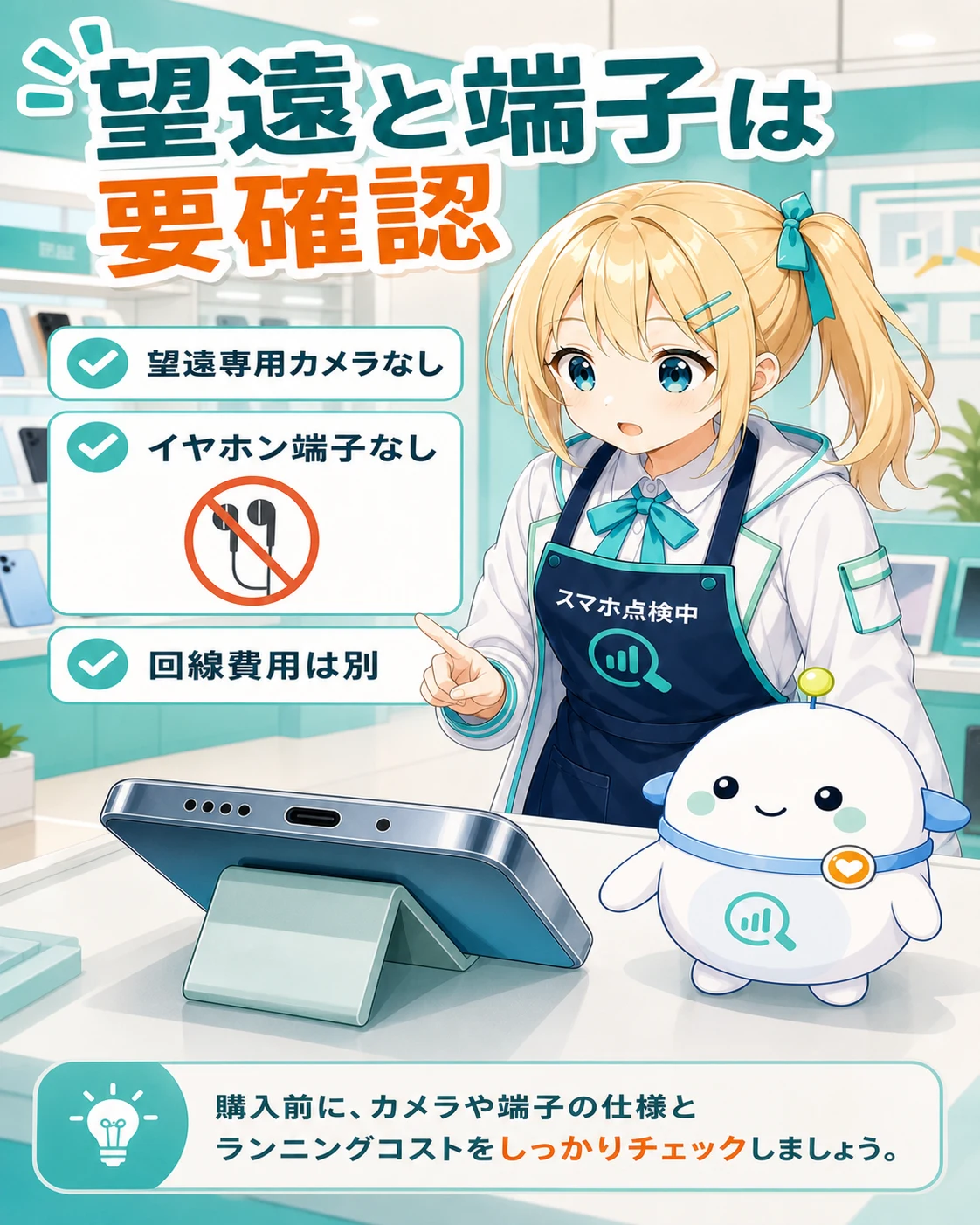 望遠と端子は要確認の図解。望遠専用カメラなし、イヤホン端子なし、回線費用は別と示す