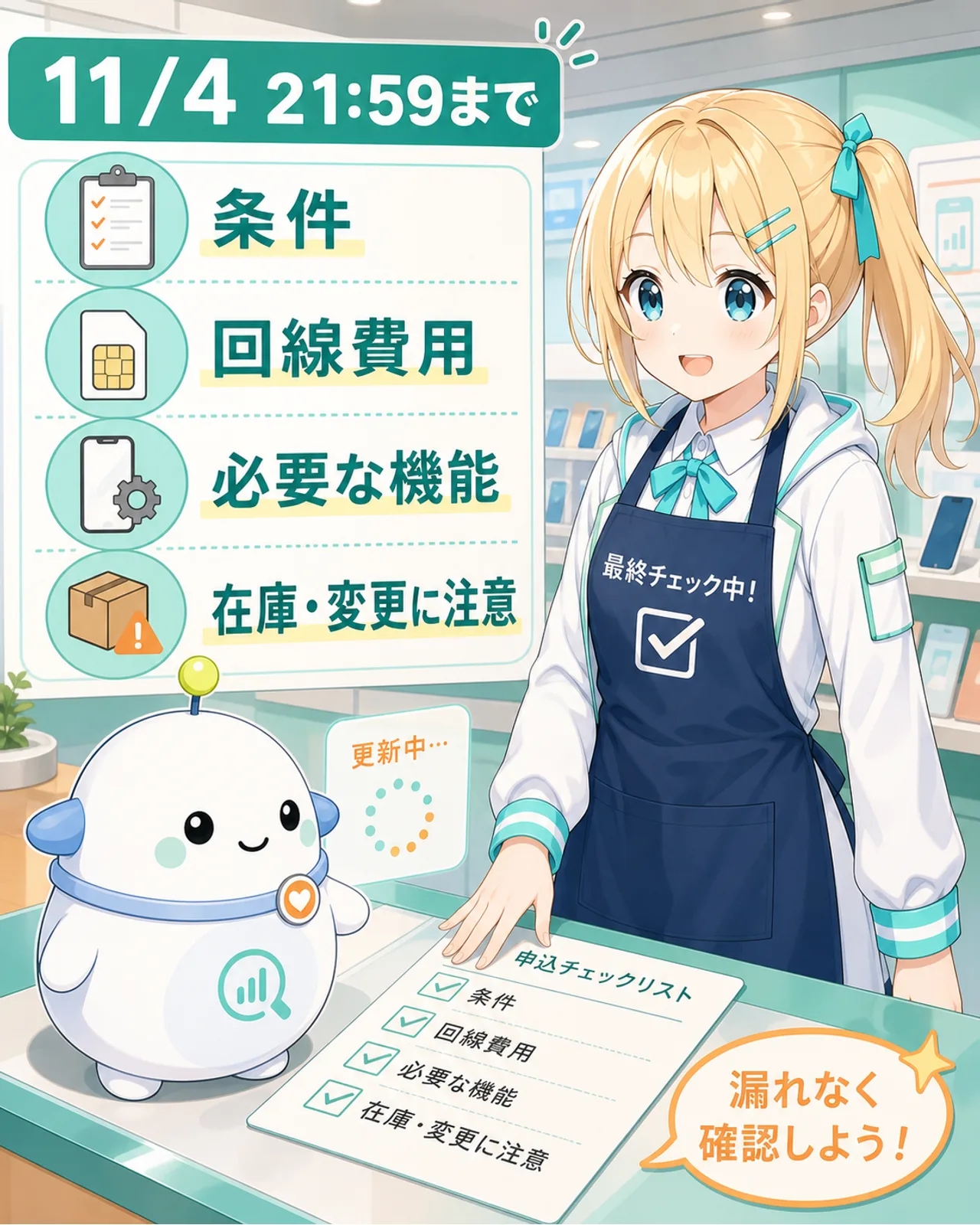 11月4日21時59分までの図解。条件、回線費用、必要な機能、在庫と変更への注意を申込前チェックとして整理