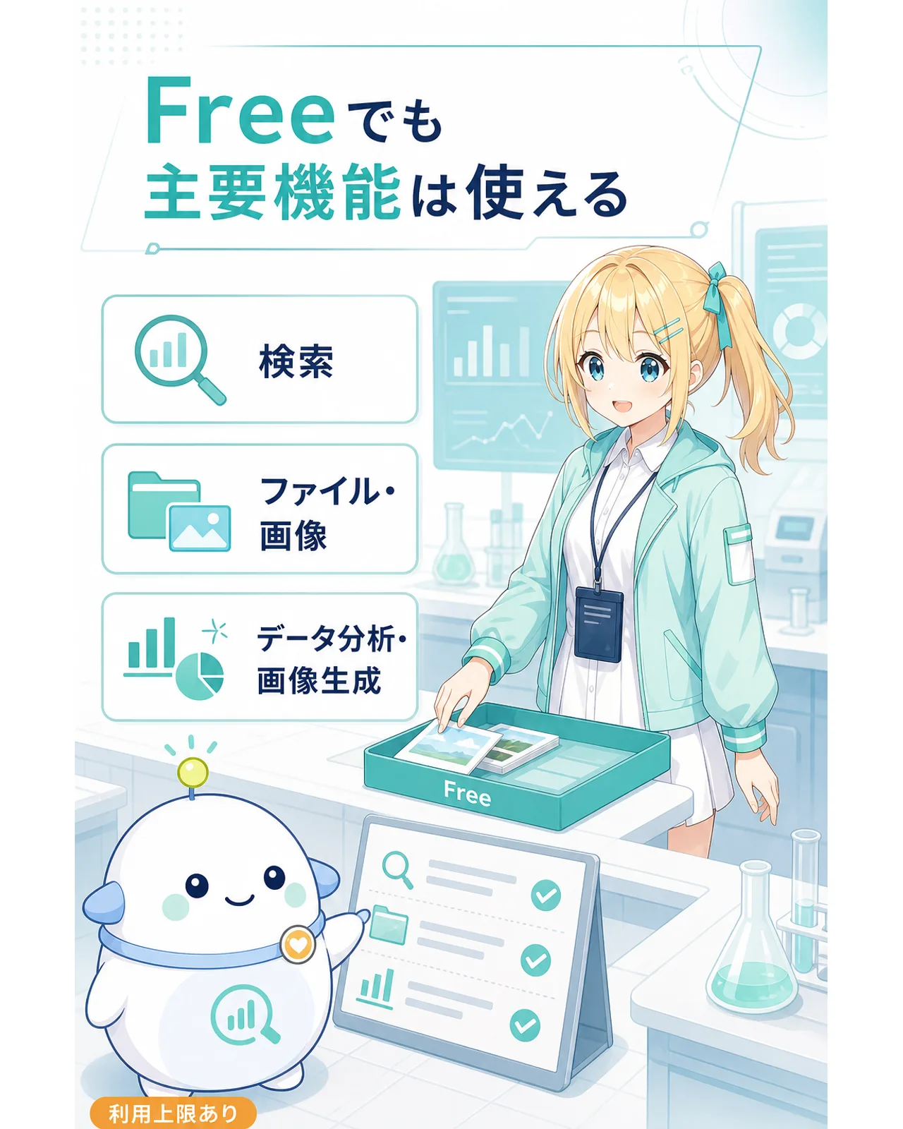 Freeでも主要機能は使えると示す図解。検索、ファイルと画像、データ分析と画像生成、利用上限ありを整理