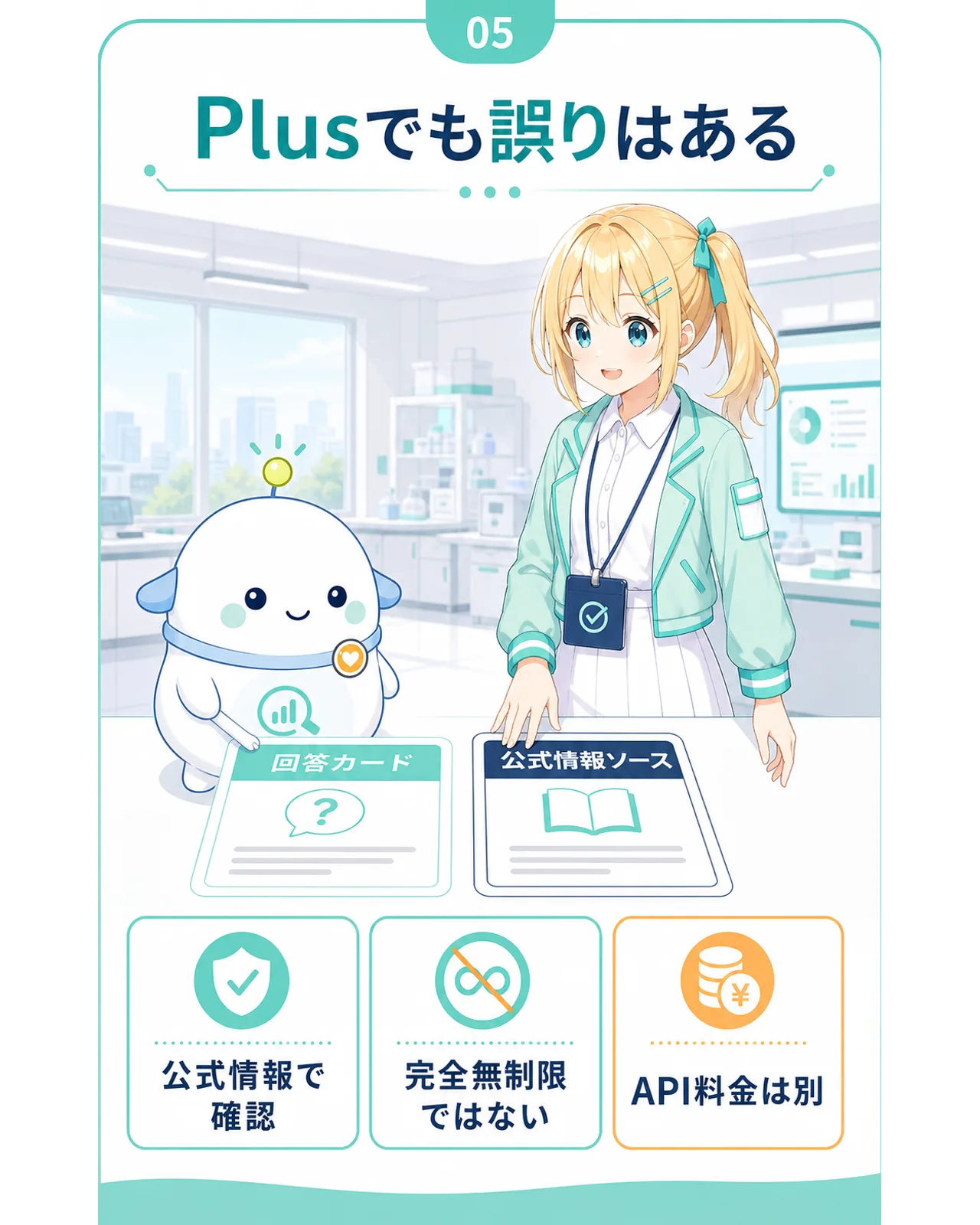 Plusでも誤りはあると示す図解。公式情報で確認、完全無制限ではない、API料金は別と整理