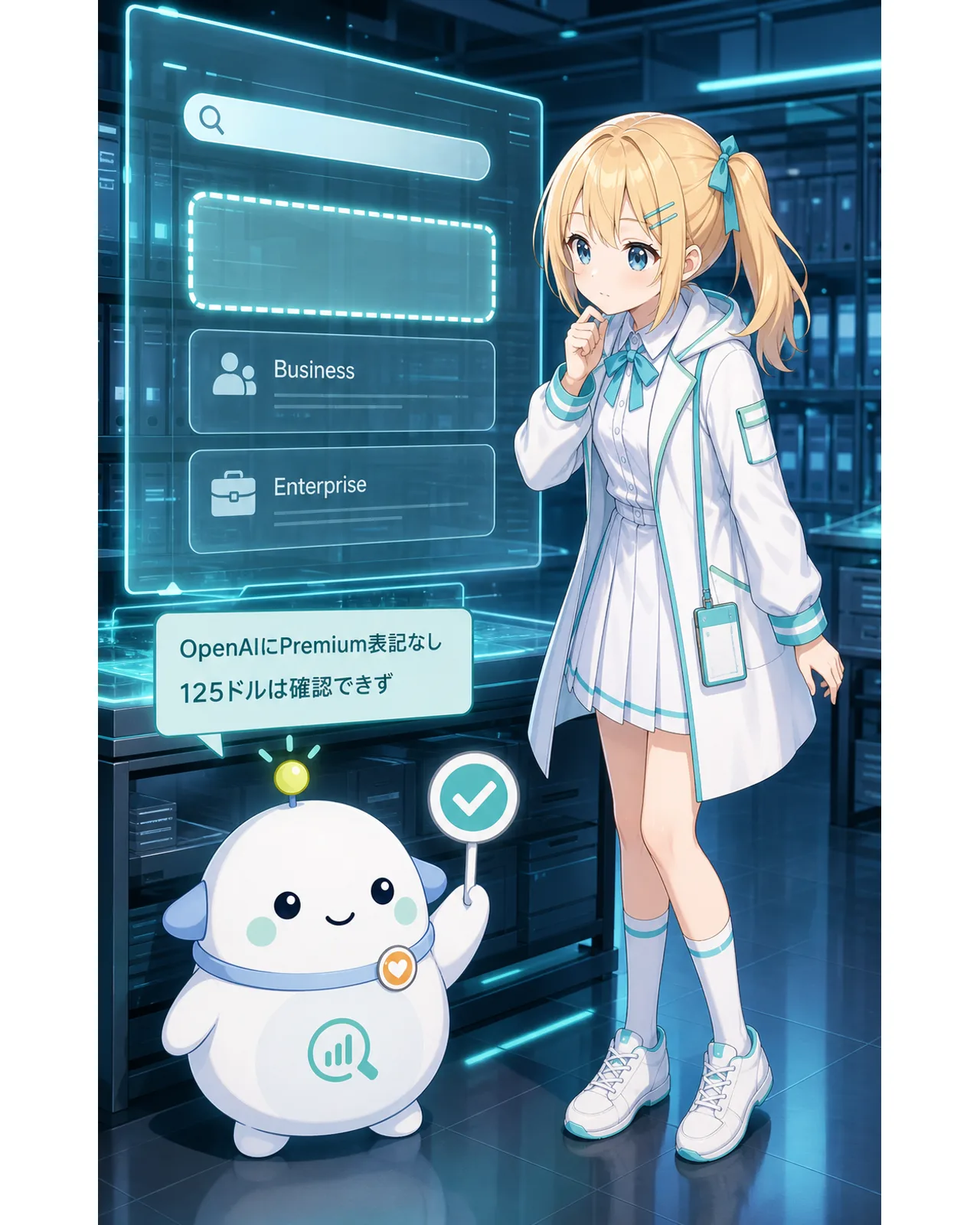 OpenAIにPremium表記なし、の図解。BusinessとEnterpriseはある一方、125ドルのPremiumは確認できないと示す