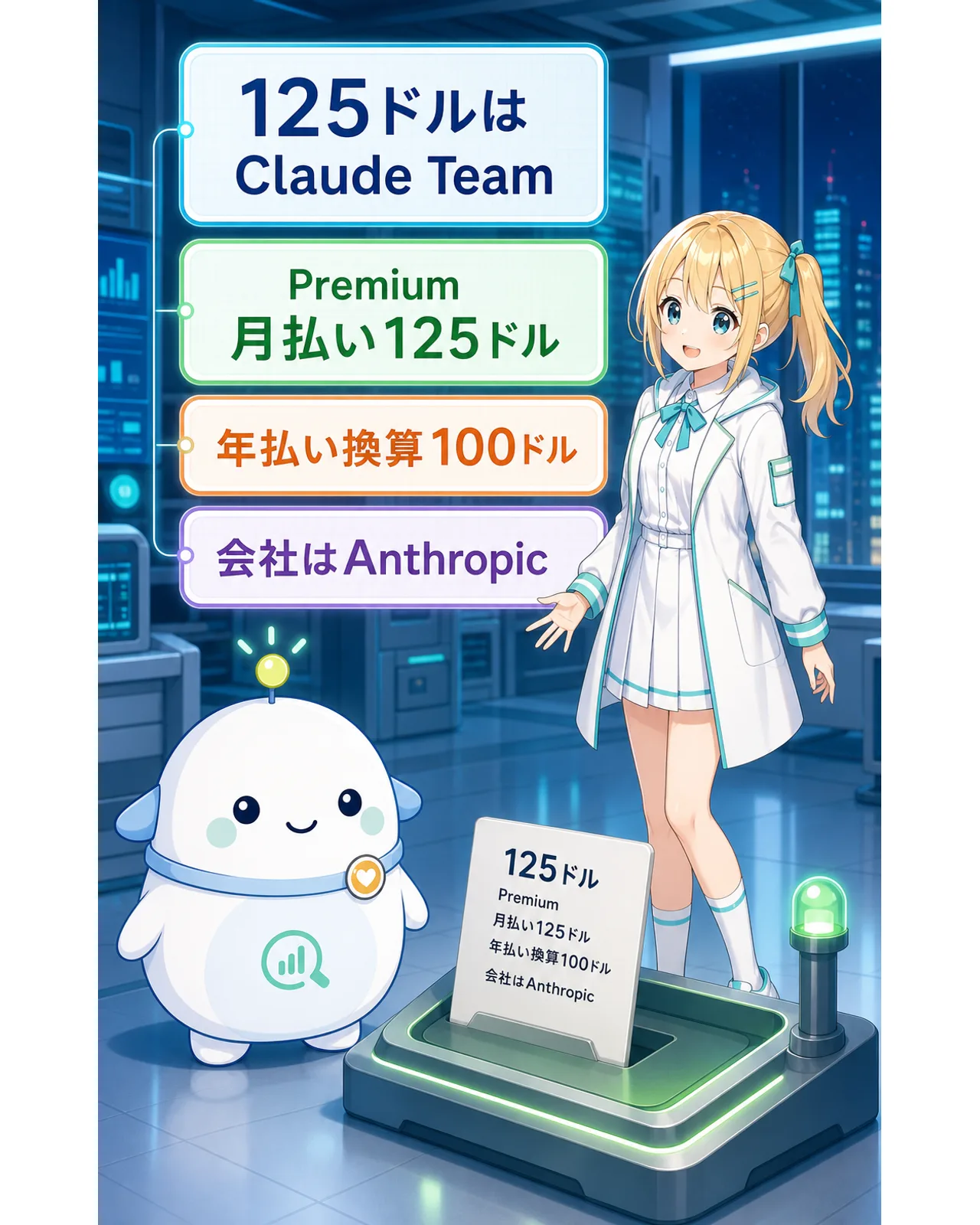 125ドルはClaude Team、の図解。Premiumは月払い125ドル、年払い換算100ドル、会社はAnthropicと示す