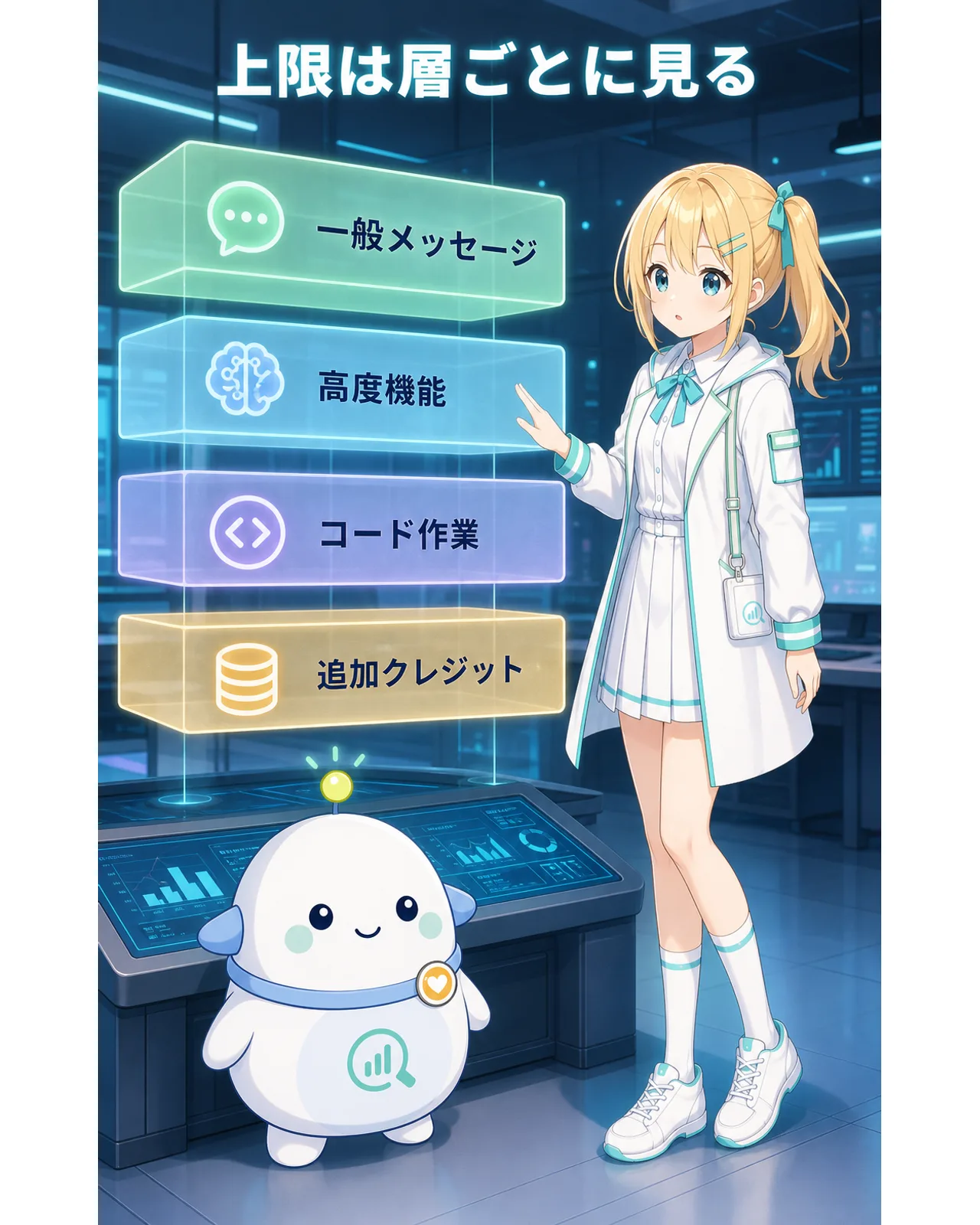 上限は層ごとに見る、の図解。一般メッセージ、高度機能、コード作業、追加クレジットを4層で整理