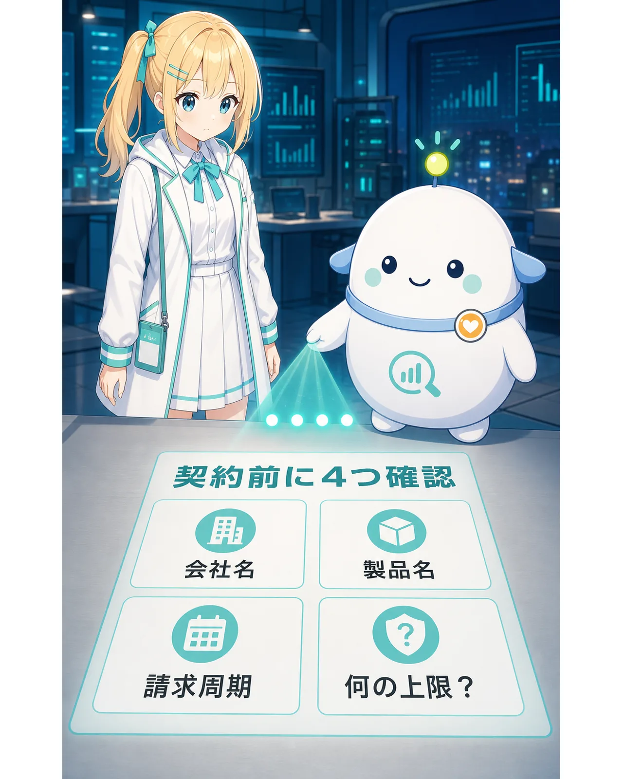 契約前に4つ確認、の図解。会社名、製品名、請求周期、何の上限かを確認する