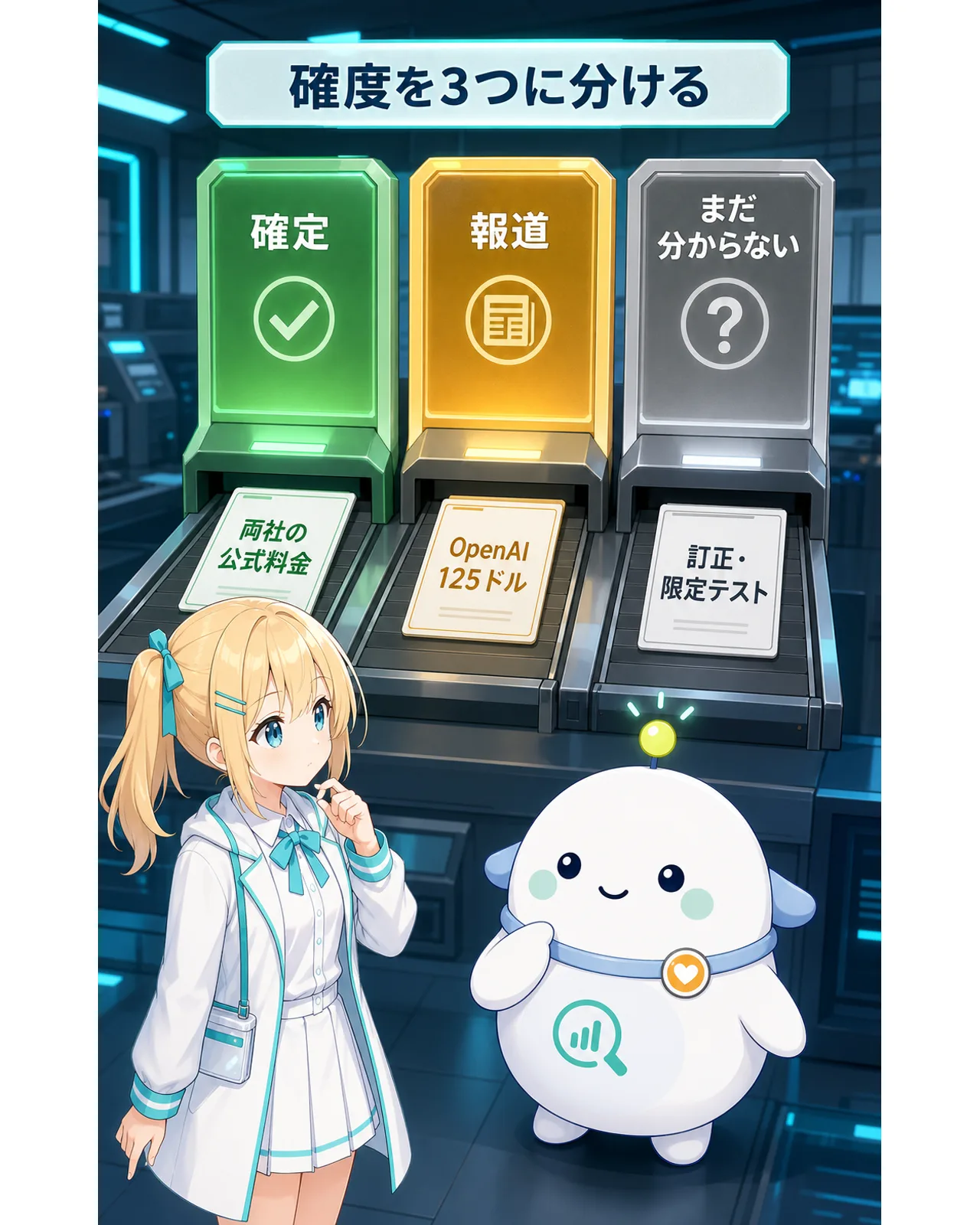 確度を3つに分ける、の図解。確定は両社の公式料金、報道はOpenAI 125ドル、まだ分からないのは訂正と限定テスト
