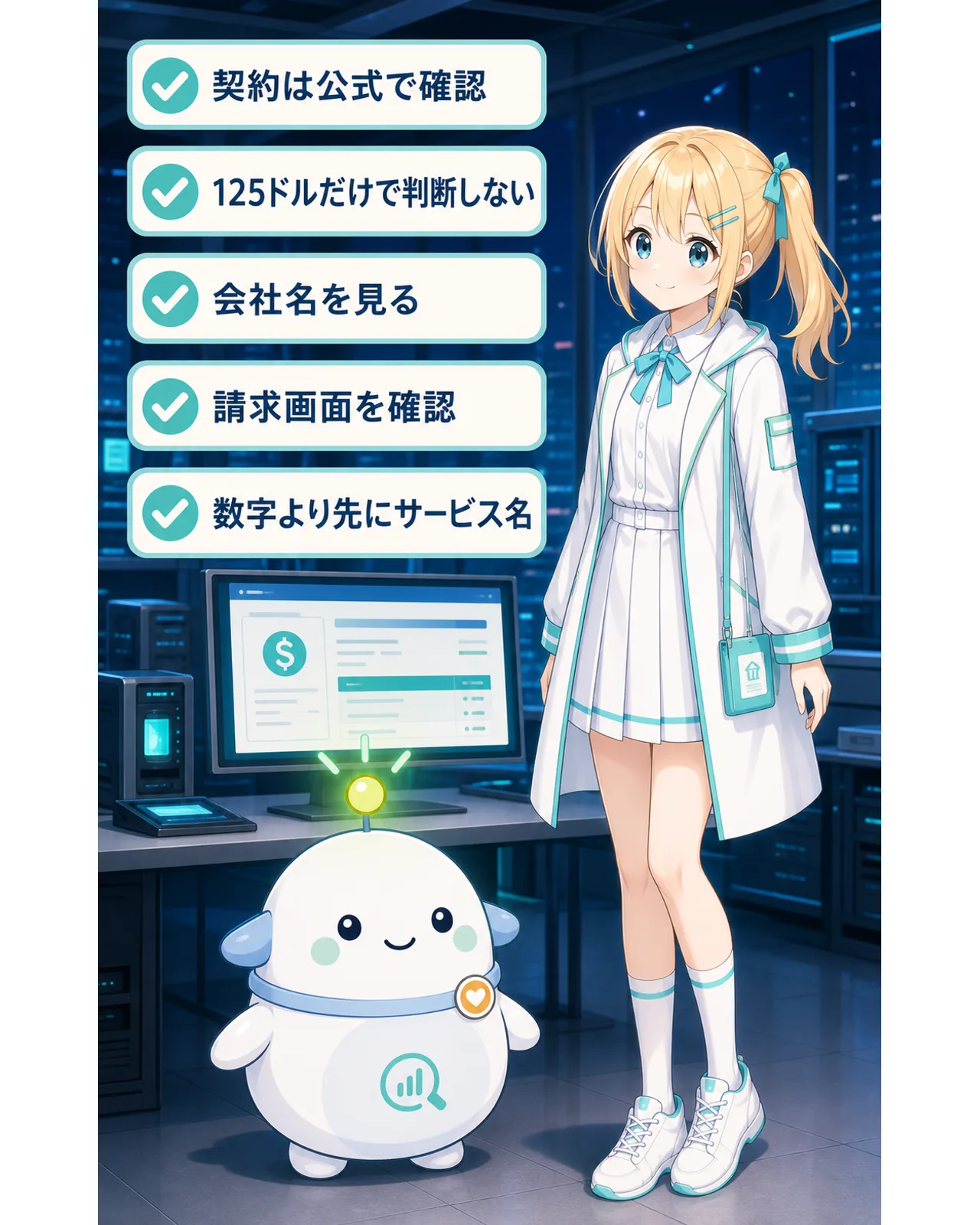 契約は公式で確認、の図解。125ドルだけで判断せず、会社名と請求画面を確認し、数字より先にサービス名を見る