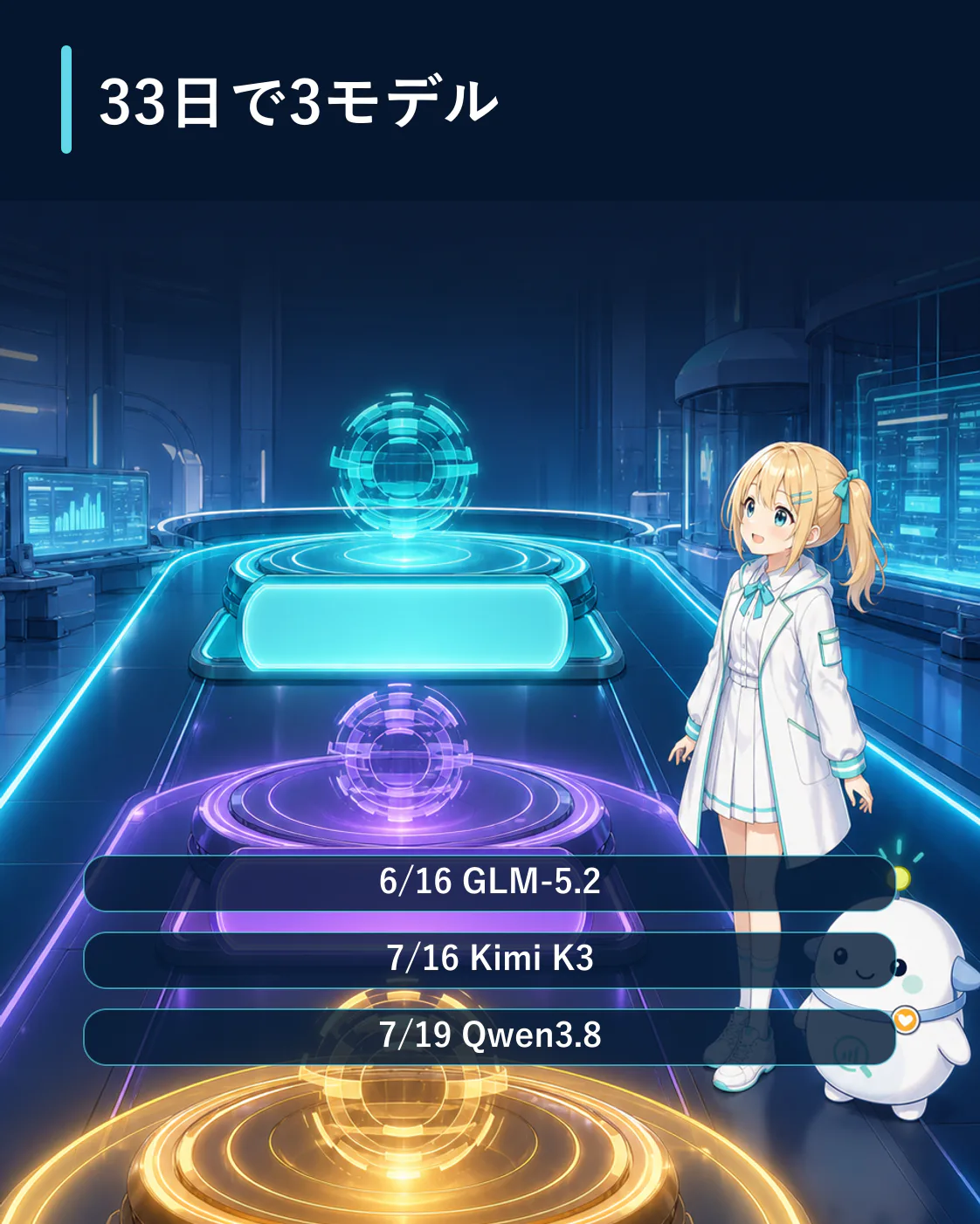 GLM-5.2、Kimi K3、Qwen3.8-Max-Previewが33日間で発表された時系列の図解
