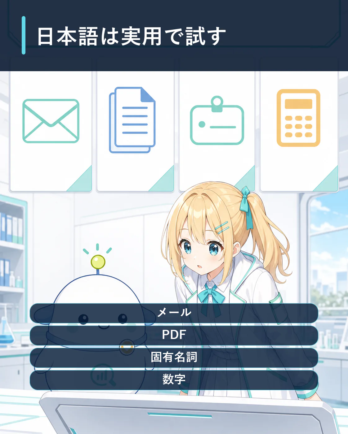 日本語メール、PDF、固有名詞、数字を同じ条件で試す方法を示した図解