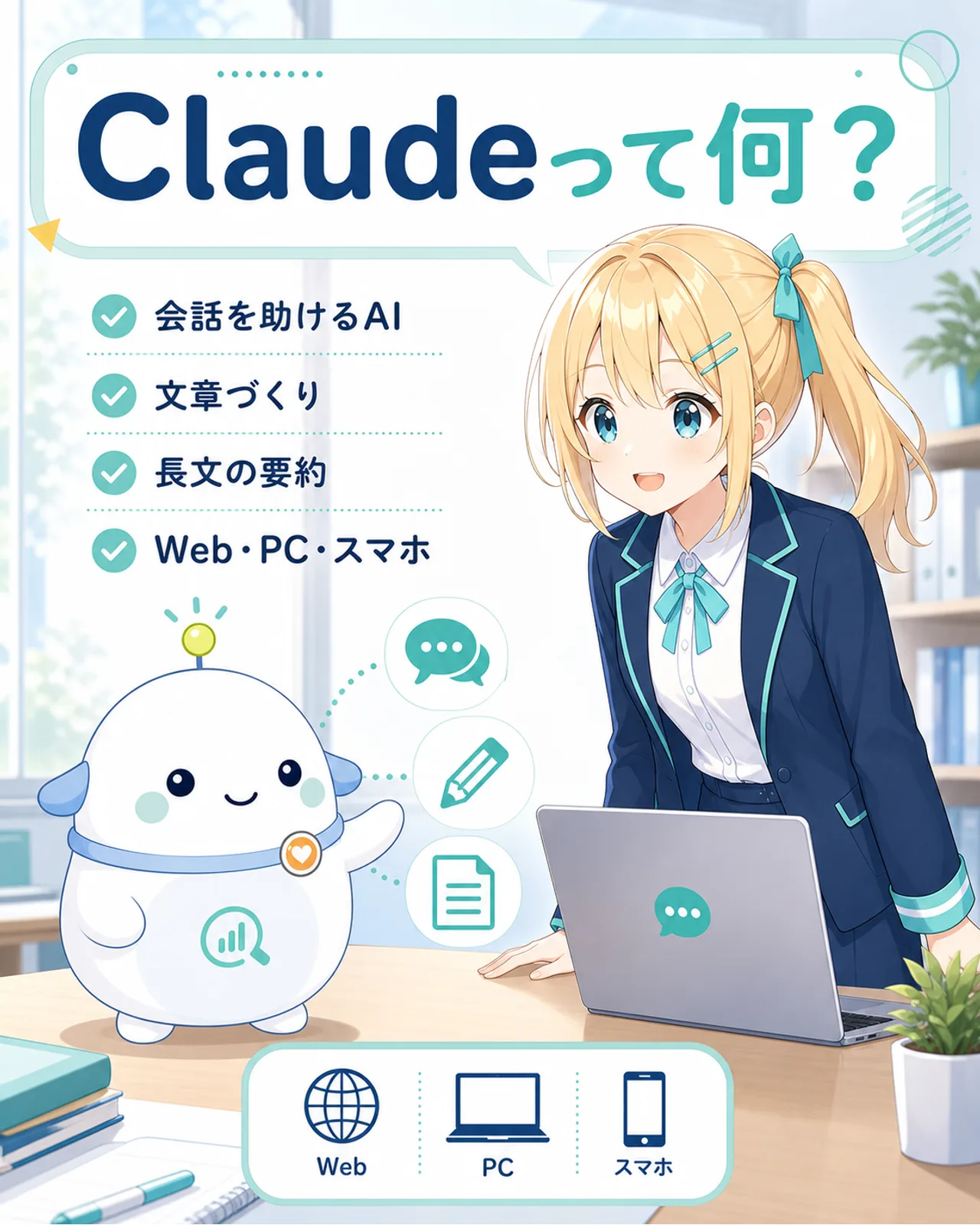 Claudeは会話、文章、要約を助けるAIで、Web、PC、スマートフォンから使えることを示す図