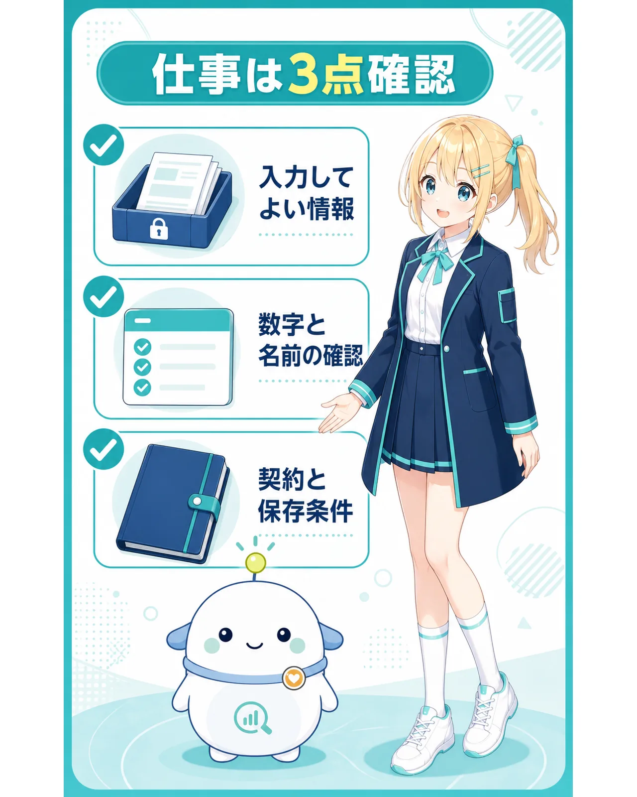 仕事でClaudeを使う前に、入力してよい情報、数字と名前の確認、契約と保存条件を確かめる図