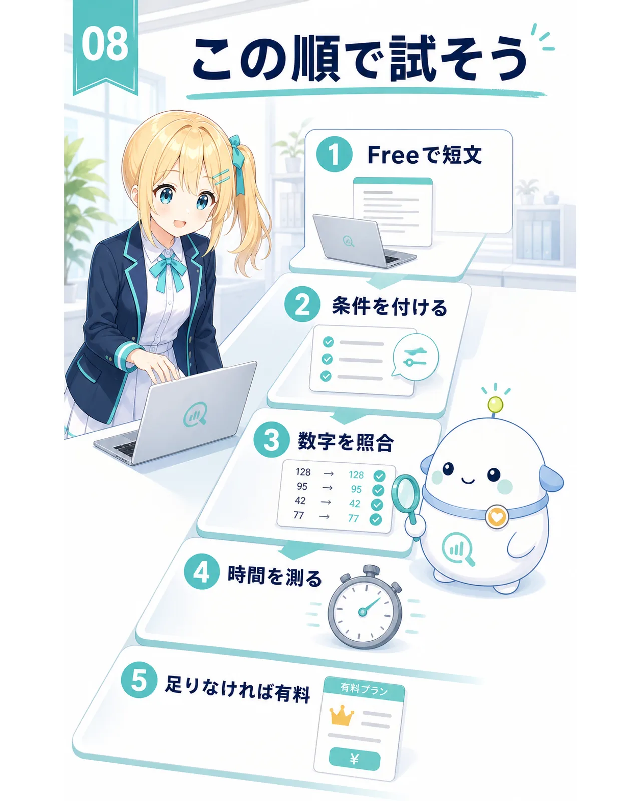 Freeで短文を試し、条件を付け、数字を照合し、時間を測り、足りなければ有料を選ぶ5段階の図