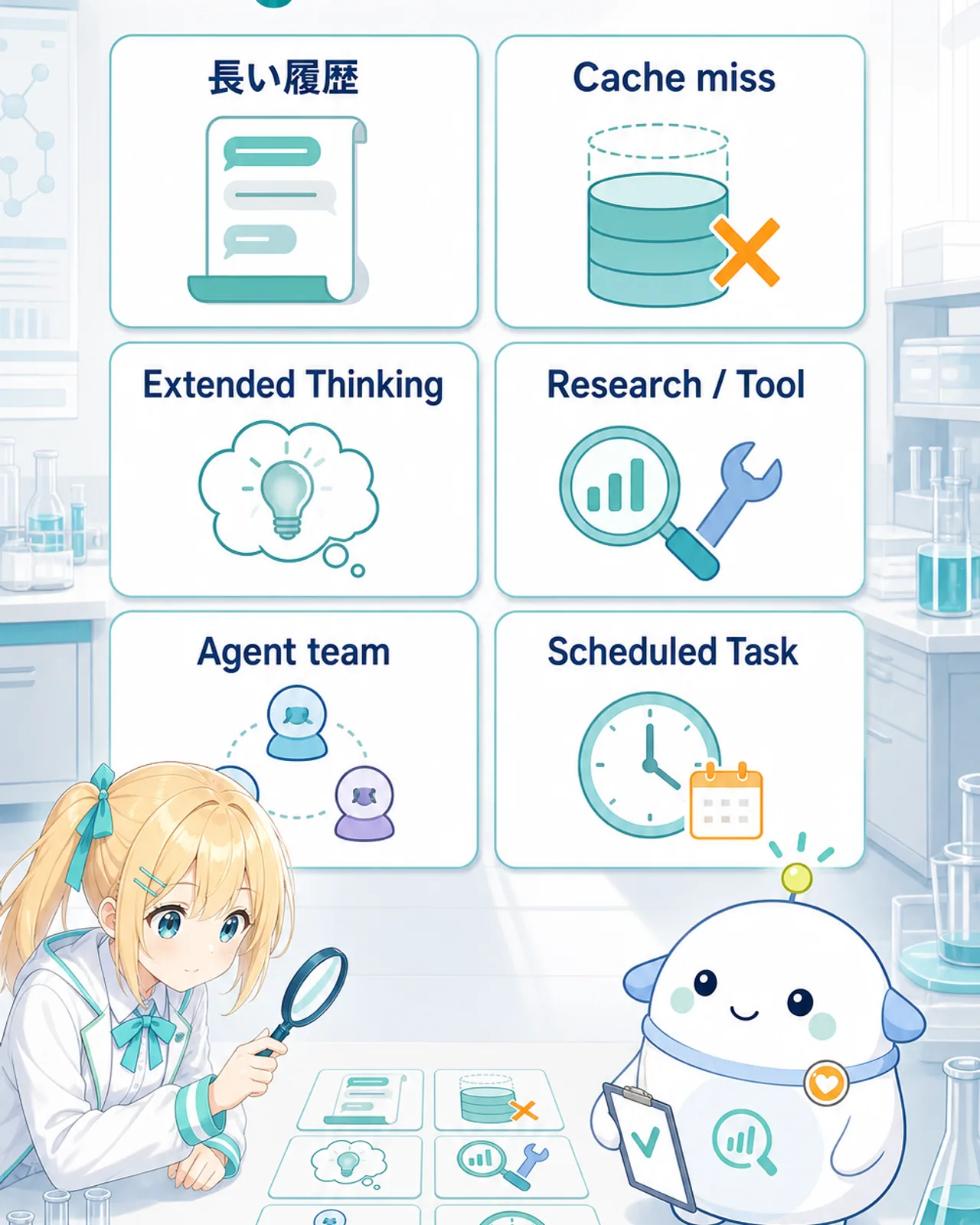 長い履歴、Extended Thinking、Research、Tool Use、Agent、キャッシュミスというFable 5のUsageを増やす6要因をまとめた図解